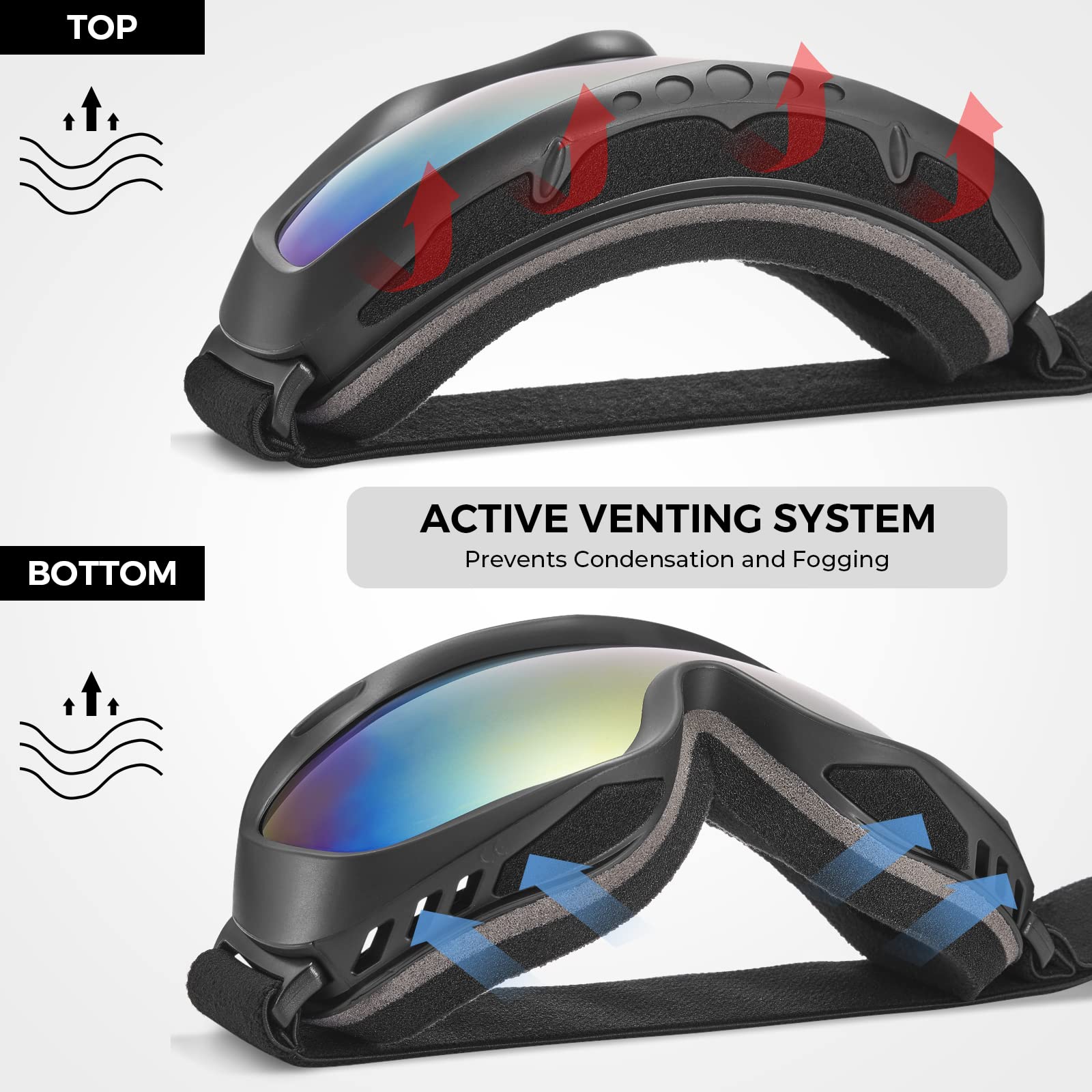AVAWAY OTG Occhiali da Sci Sopra Casco Compatibili Anti Nebbia Snowboard Occhiali Sport Neve con Cinturino Anti-Slip Protezione 100% UV, Anti-Glare Occhiali da Sci
