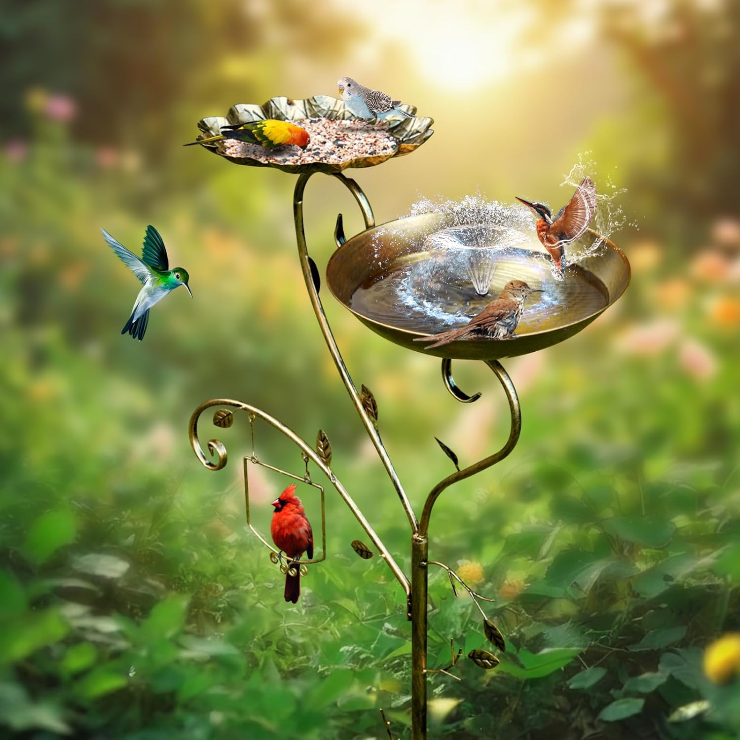 DoubleCare 3 in 1 Metal Bird Bath, 37 in Stand Bird Baths for Outdoors, with 3 Spiky Metal Stake, Bird Feeder for Garden Patio Yard Lawn, Garden Decor (Antique Golden)