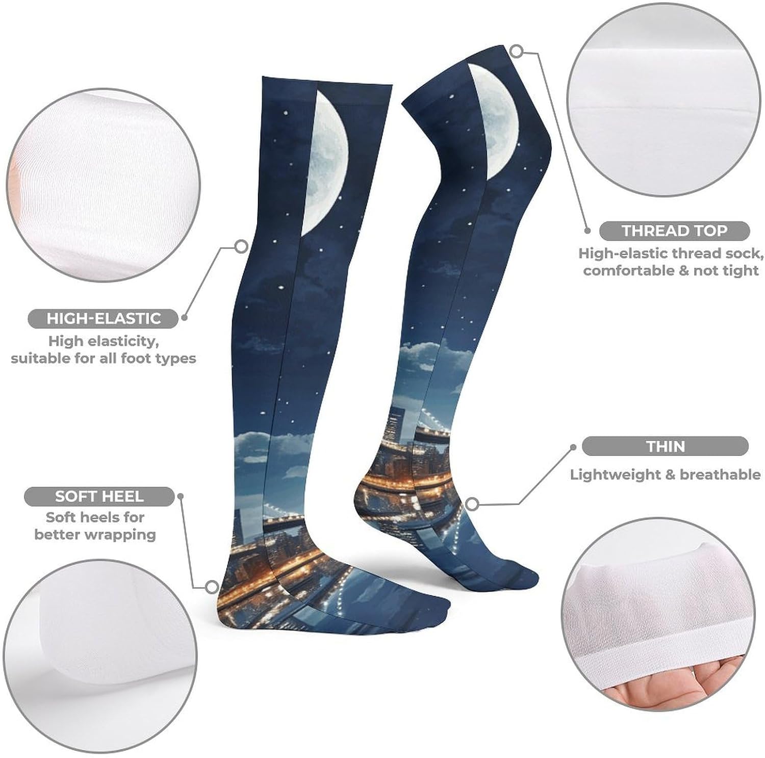 Moon Light New York City Knee High Stockings for Women 23.6" Breathable Thigh High Stockings Over The Knee Socks