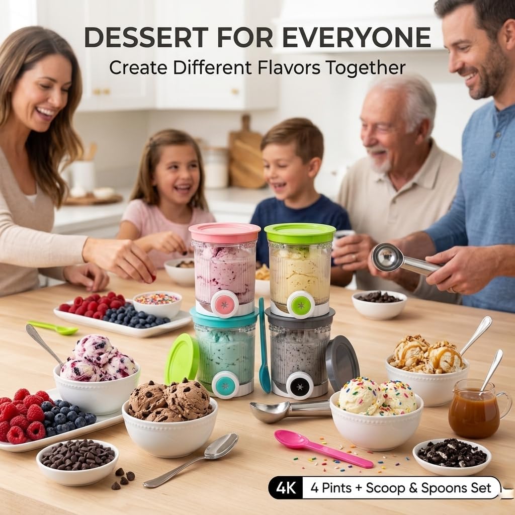 CREAMi Pints with Lids, NC 700 Series 4 Pack Ice Cream Containers Compatible with CREAMi, Reusable Pint Cups with Lids for Homemade Ice Cream, Sorbet, Gelato & Frozen Treats, Includes Ice Cream Scoop