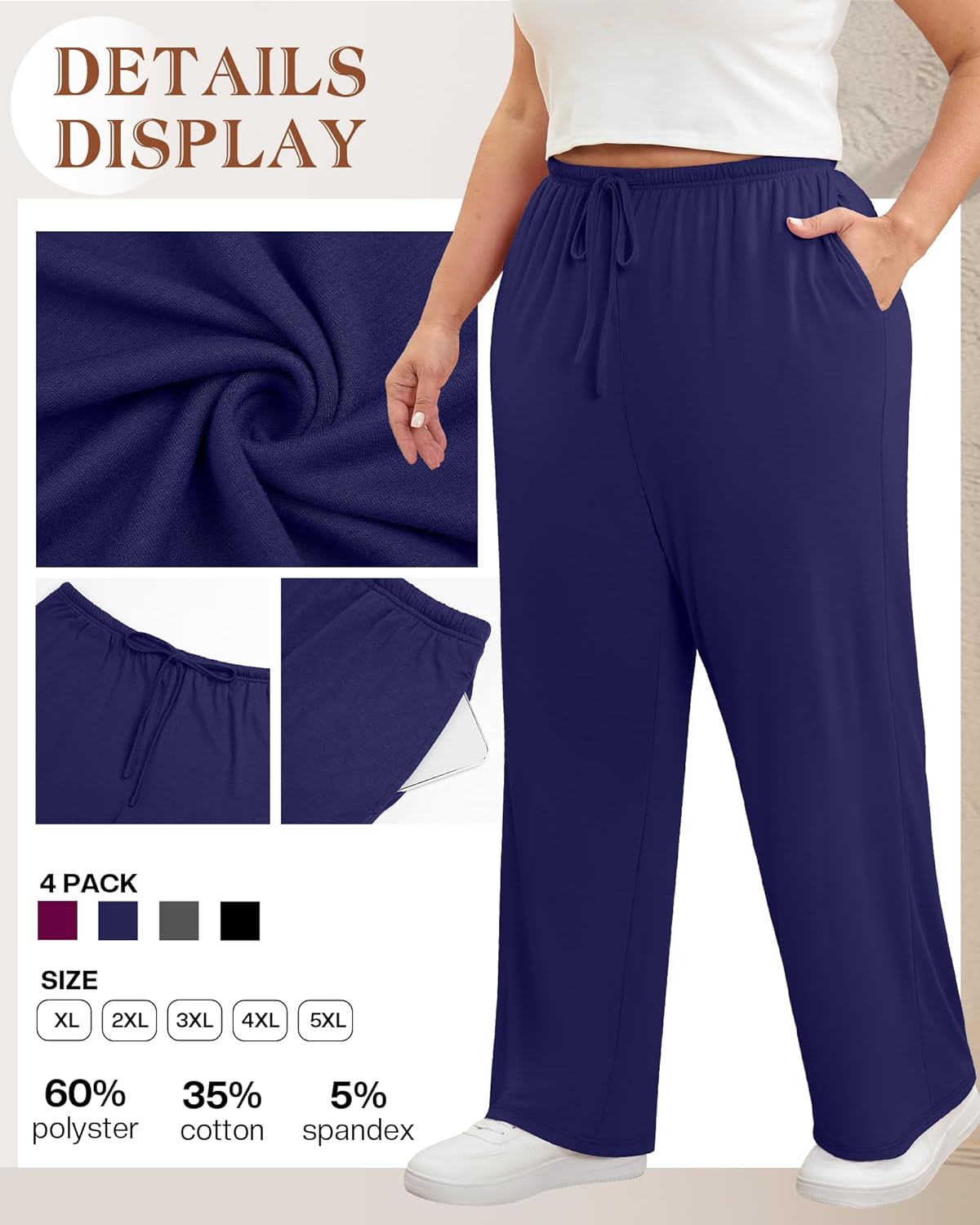 4 Pack Women's Plus Size Lounge Pants with Pockets, Wide Leg Yoga Loose Drawstring Pants Casual Sweatpants Jogger - Image 4