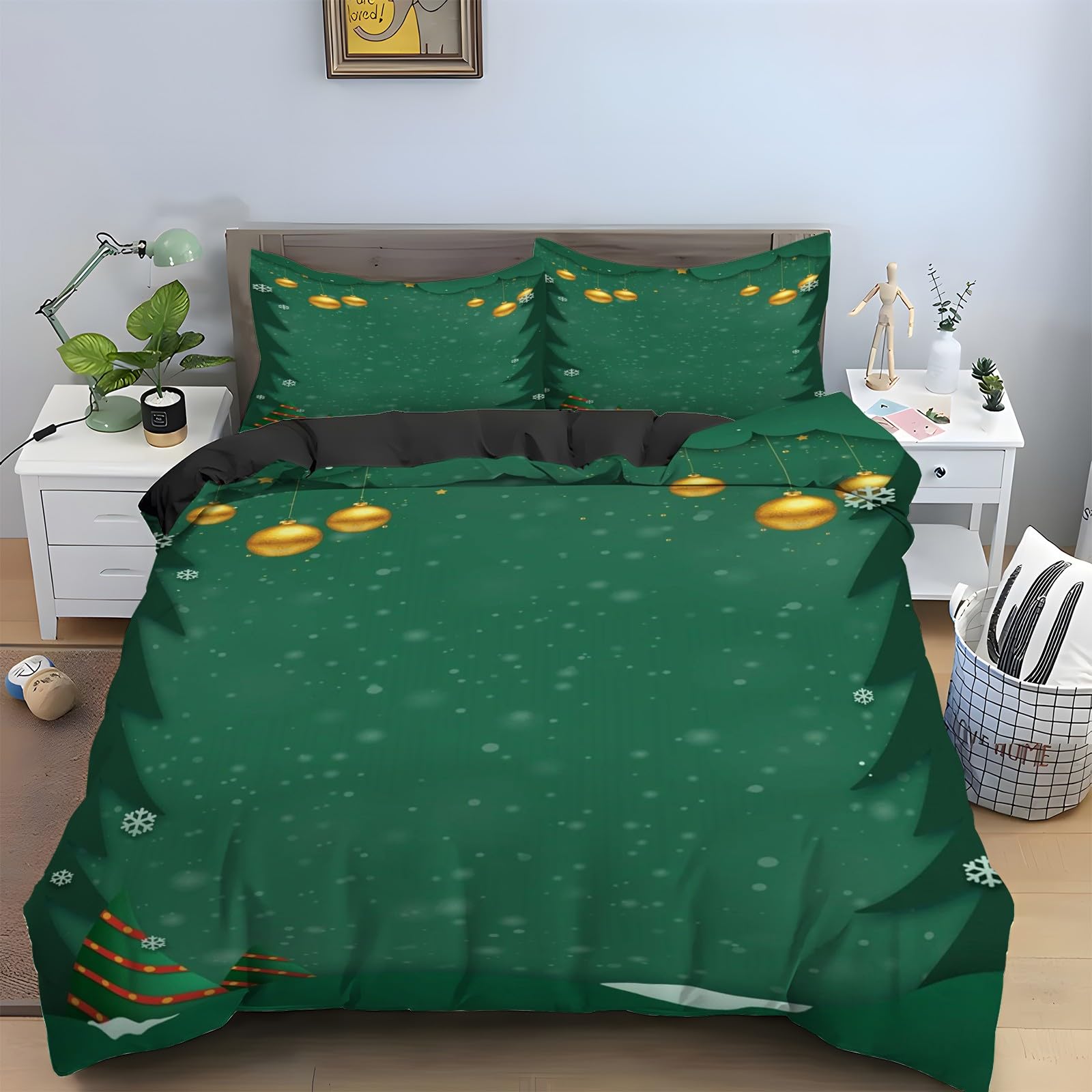 Housse couette en microfibre douce verte 220x240 et taies d'oreiller zippées pour lit adulte