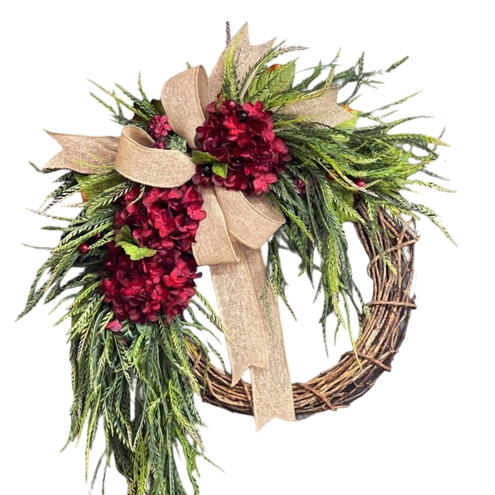 KIXZSAZ 40cm Artificial Handmade Fall Garland Double Sided Hydrangea and Eucalyptus Wreath Durable Plastic Frame for Home, Winered
