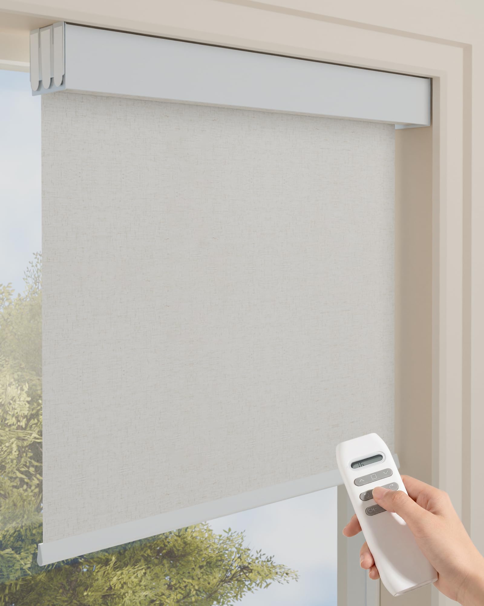 Patented Adhesive Mount, Wall Damage-Free, 50KG Load-Tested, Rechargeable, Whisper-Quiet, All-Metal Build, 34.5x72 Linen No-Drill Motorized Blinds with Remote, 100% Blackout Automatic Roller Shade