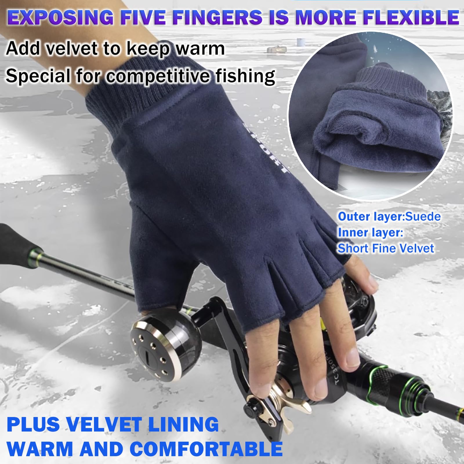 Ice Fishing Fingerless Gloves for Men Women,Chamois Leather Flexible Fishing Gloves Warm for Fishing Motorcycling Running Hiking (Navy Blue)