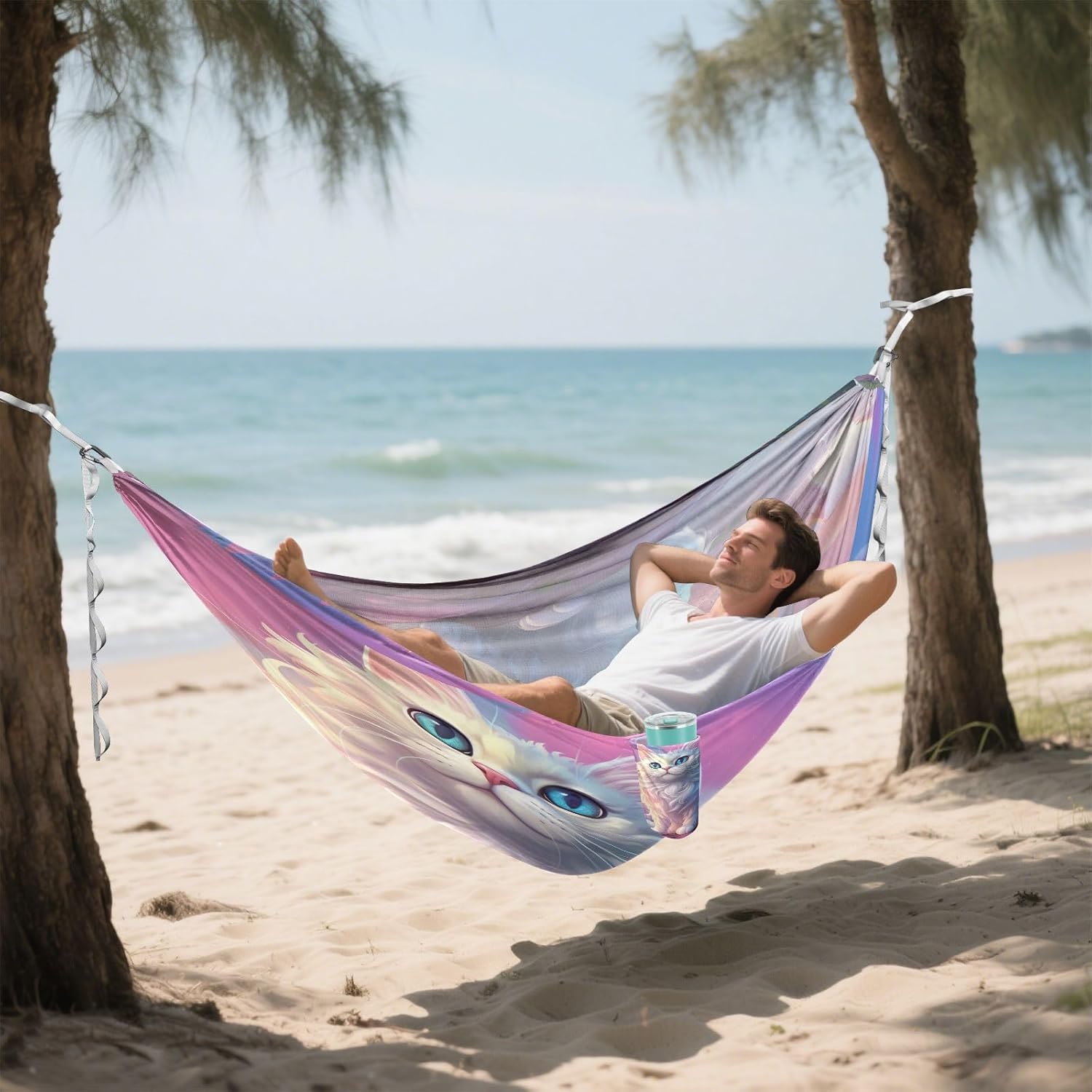 ALAZA Cat Kitten Cartoon Camping Hammocks Single or 2 Person 500 lbs Portable Parachute Travel Hammock w/Tree Straps for Hiking Backpacking Indoor Outdoor