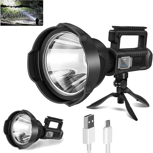Uhanciny Rechargeable Spotlight Flashlight High Lumens, 140000 Lumens Led Spot Lights Outdoor Handheld Large Super Bright Powerful Spotlights with 4 Modes, Standing Tripod, IPX5 Waterproof