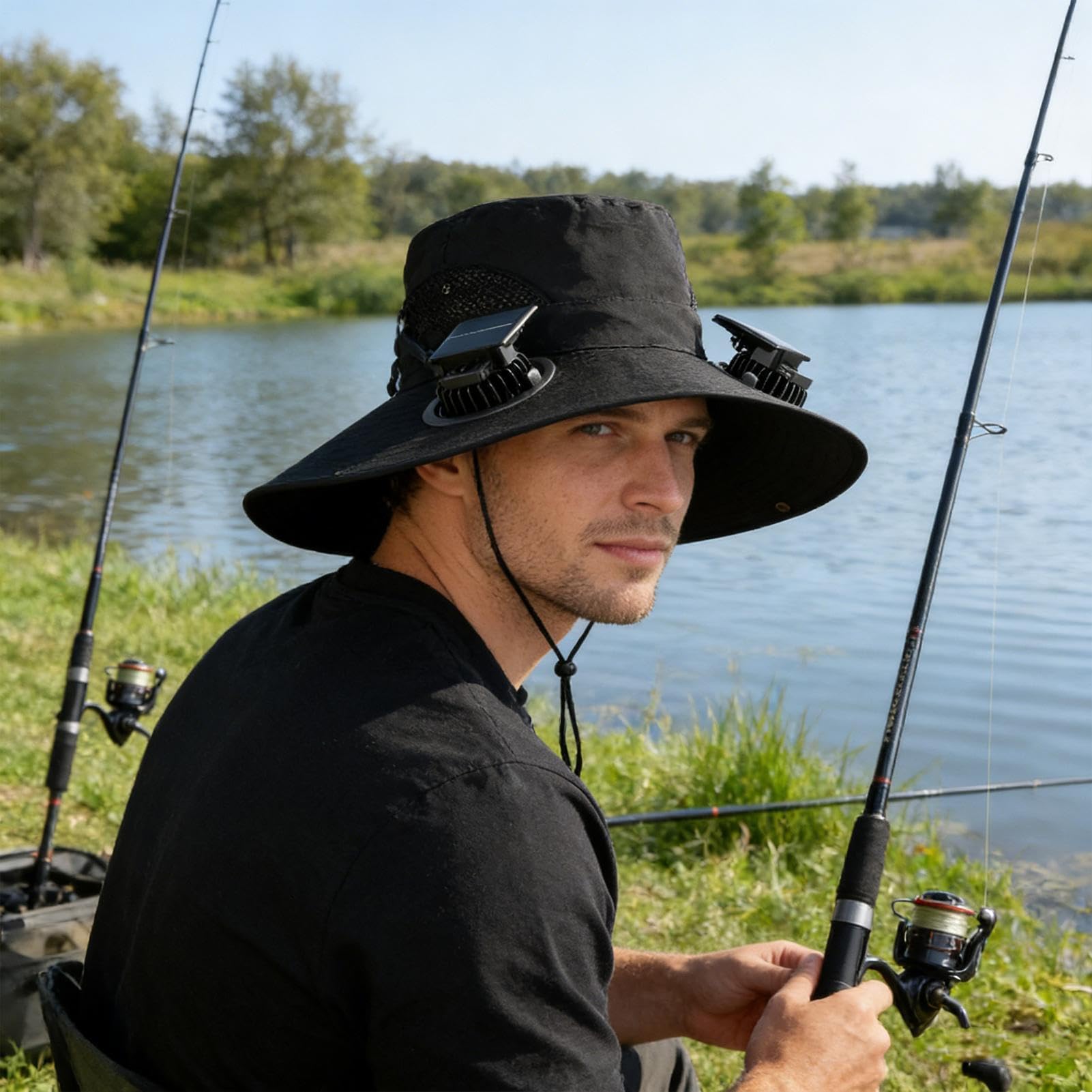 Berretto con ventilatore solare, cappello a tesa larga con 4 ventole solari, cappello da spiaggia per esterni, per pesca, escursionismo, giardinaggio, viaggi, spiaggia, golf, gite in barca, lavoro