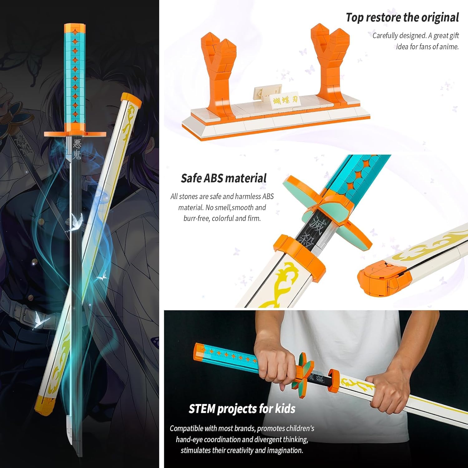 QLT QIAOLETONG Ideas Demon Slayer Sword Cosplay Animes Kochou Shinobu Katana Clamping Blocks Building Blocks Decoration Gift for Adults and Boys from 6-16 with Scabbard Holder (782pcs) - Image 2