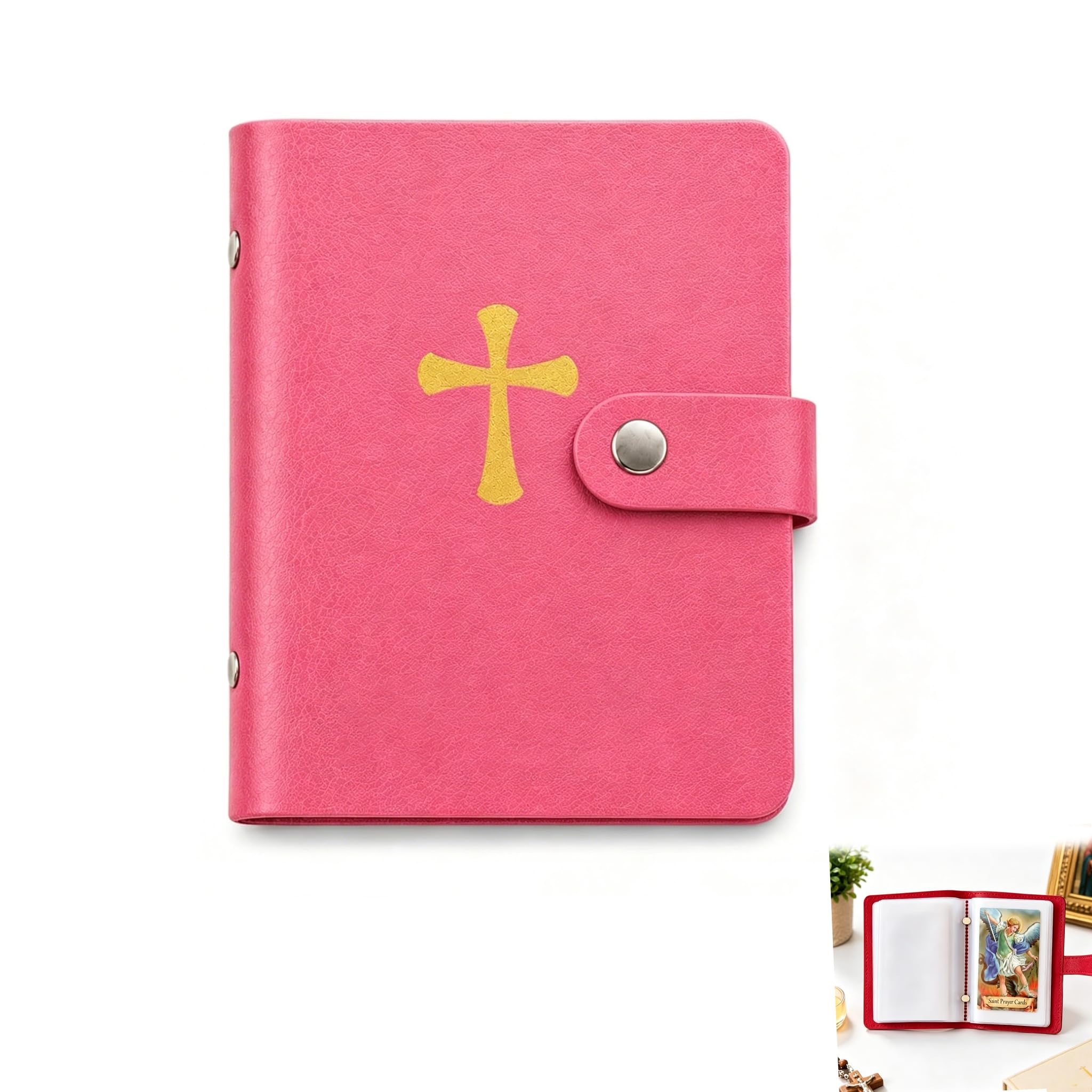 Catholic Faux Leather Holy Card Holder, Pocket Prayer Card Organizer with Snap Closure, Portable Travel Wallet for Religious, Holds Up to 40 Standard Cards, Christian Gift for Memorial (Pink)
