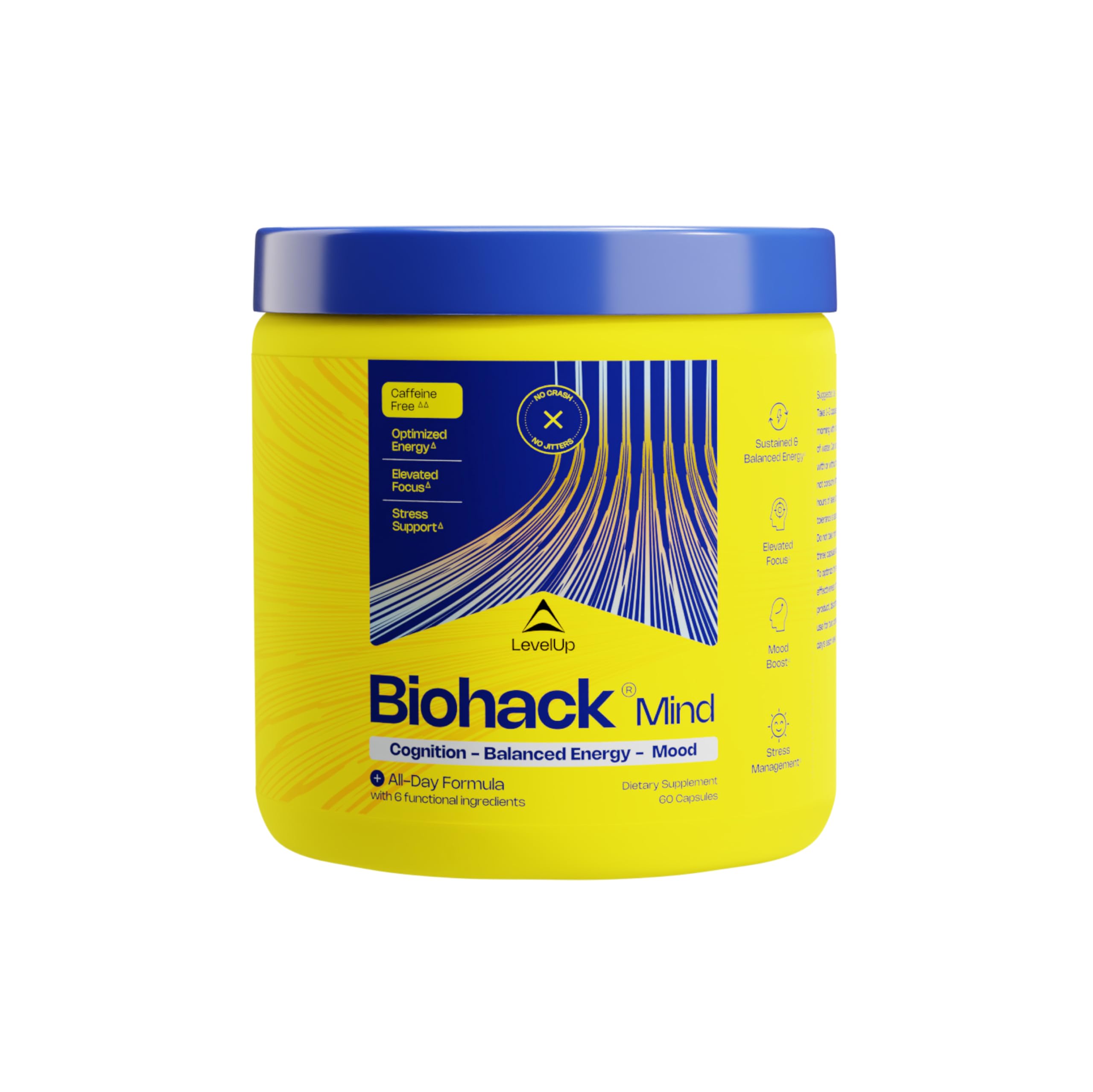 LevelUp Biohack Mind - Nootropic Brain Supplement for Men & Women | Balanced Energy, Focus, Mood & Stress Optimization with Ashwagandha, Lion's Mane, Alpha GPC, Ginseng and More - 60 Count