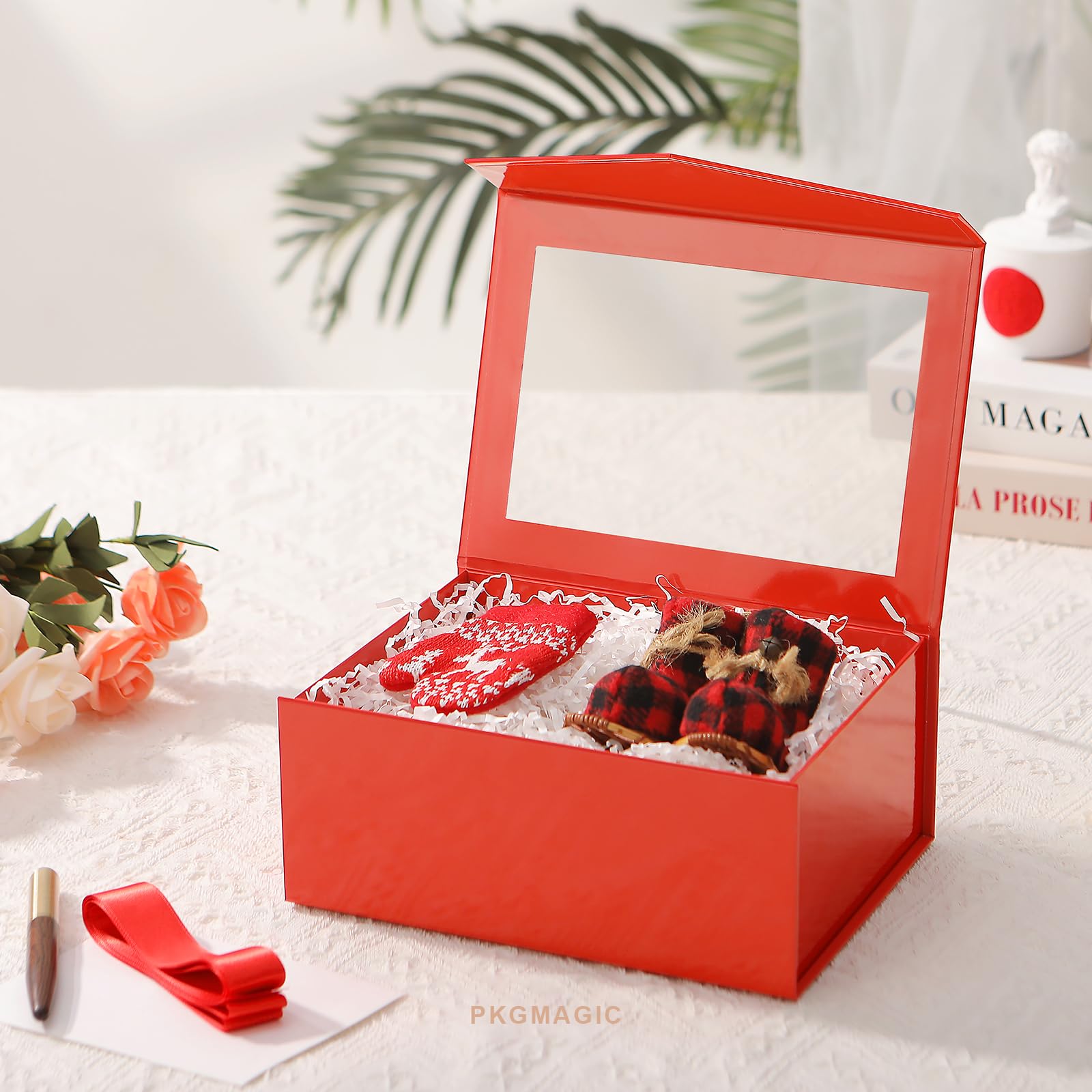 PKGMAGIC 5 rote Geschenkboxen mit Fenster, 22,8 x 16,5 x 9,6 cm, klare Geschenkboxen für die Präsenz, Geschenkboxen für Brautjungfer, Geschenkboxen mit magnetischem Deckel