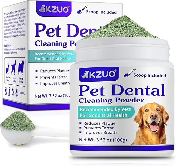 KZUO Dog Dental Powder - Dog Teeth Cleaning Powder - Tartar & Plaque Reducer - Bad Breath Solution - Easy Teeth Cleaning for Small, Medium, Large Dogs & Cats