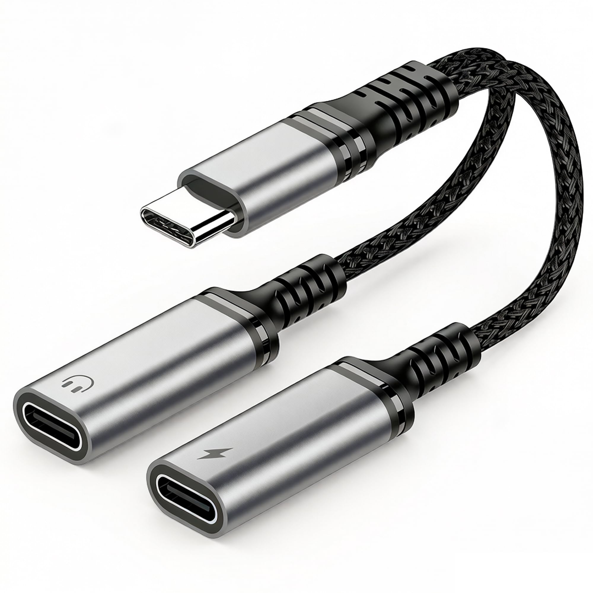 USB-C 二股 変換アダプタ PD60W 高速充電対応 DAC搭載 ハイレゾ音質 タイプC イヤホン変換アダプタ 充電しながらイヤホン使用可能 通話・音量調節対応 高耐久 ナイロン編み iPhone16/iPad/AndroidなどType-C機器対応