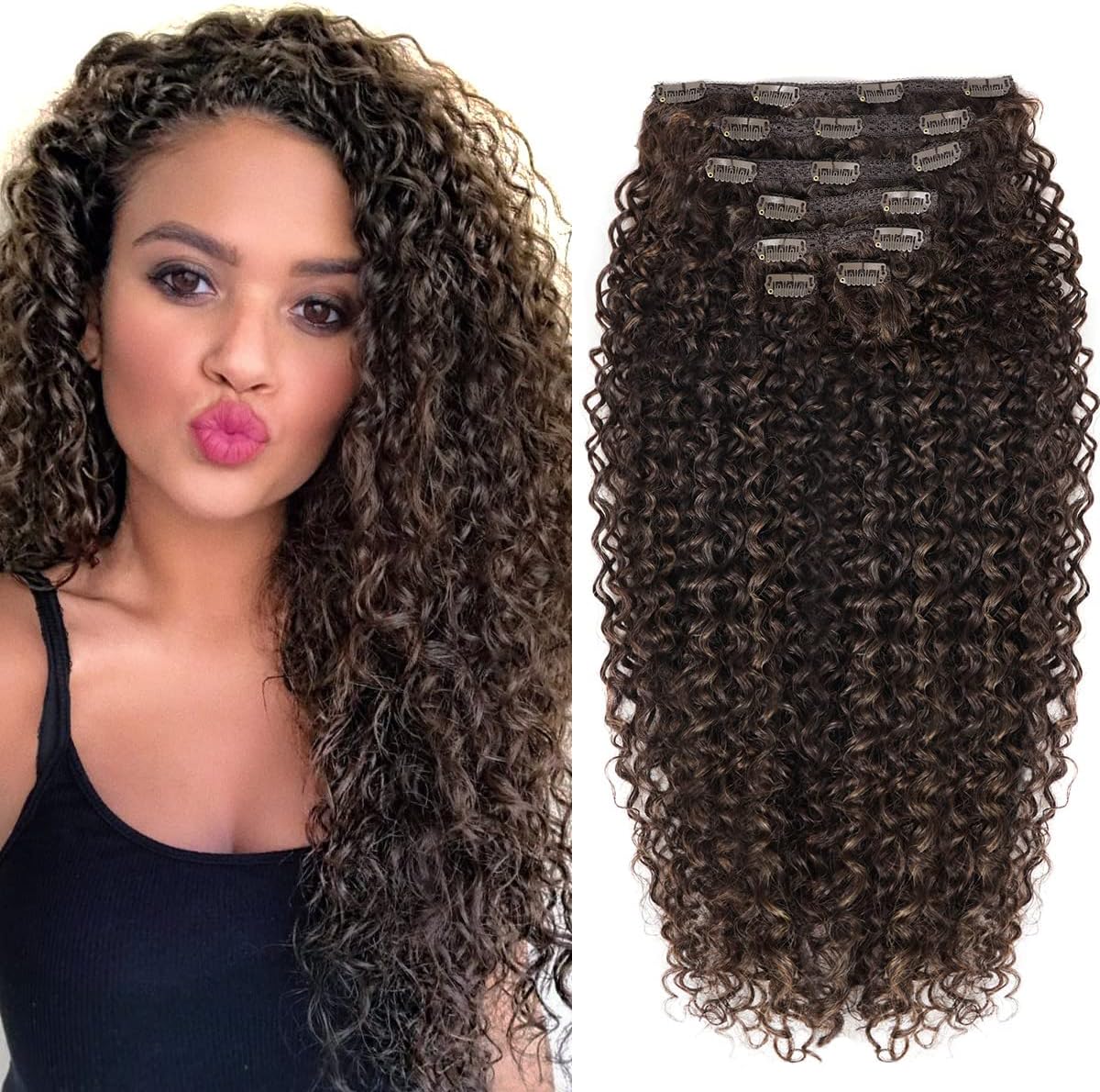 BHF 26 inch Kinky Curly Clip In Hair Extension, Double Weft Full Head Japanese Heat Resistance Fiber 140g Synthetic Hair Extensions For Women 7pieces (#MP4-27-30)