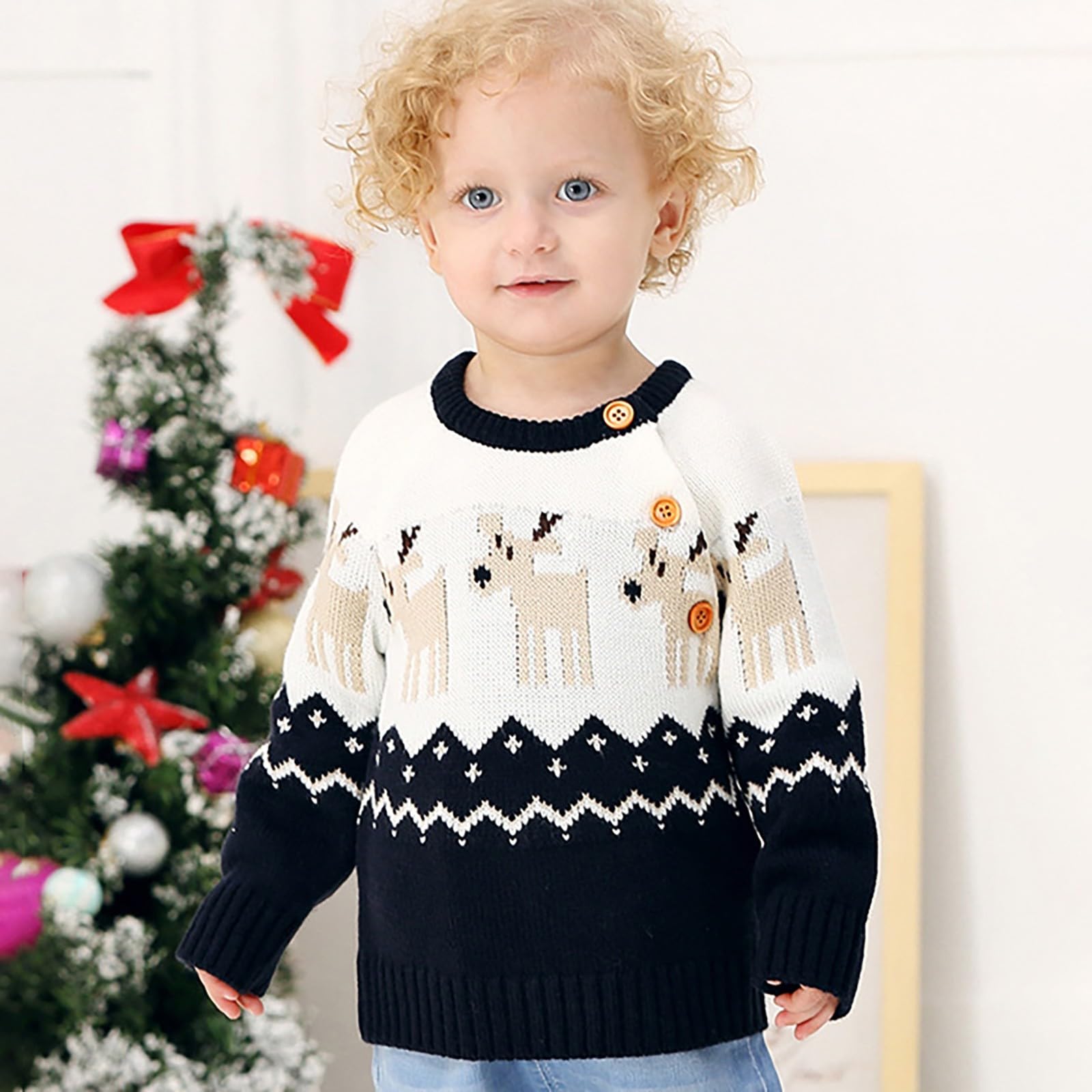 RNTOP Baby Boys Girls Christmas Sweater Infant Long Sleeve Pullover Reindeer Crewneck Knitted (Dark Blue, 6-12 Months)
