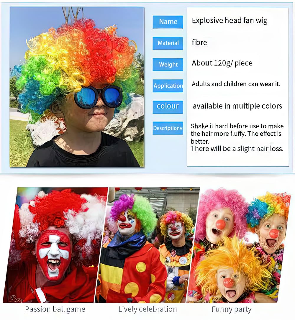 Pack of 2 Funny Clown Curly Afro Wigs, Rainbow Wigs Colorful Clown Wig,Crazy Afro Wig 70's 80's Disco Theme For Little Youth Adult Women Men's Party Halloween Costume Prank (Black) - Image 6