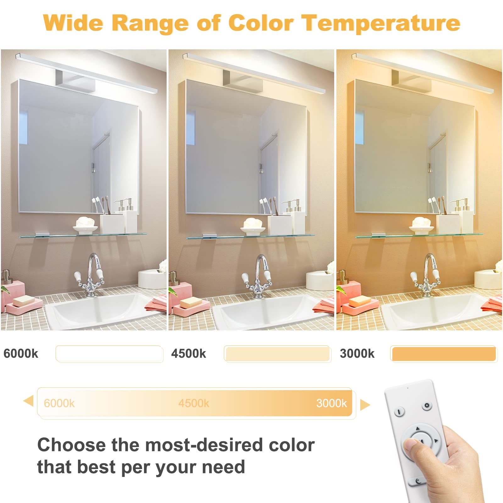 NIORSUN Lampada Specchio Bagno LED 15W 60cm, 1400 Lm, Dimmerazione Libera 3000K - 6000K, Lampada da Specchio Dimmerabile Con Telecomando, Acciaio Inossidabile, Luce Specchio Bagno Impermeabile IP44