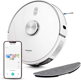 MEDION Robot Aspirador con estación de succión, navegación láser y función de Limpieza X41 SW+ (Potente Potencia de succión de 8000Pa, Robot Aspirador 2en1, mapeo preciso, Zonas Go & No Go