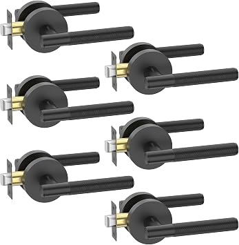 FILTA 6 Pack Black Door Handles Interior Passage Round Door Handle Knobs Knurled Heavy Duty Keyless Door Lever Lock for Bedroom and Bathroom