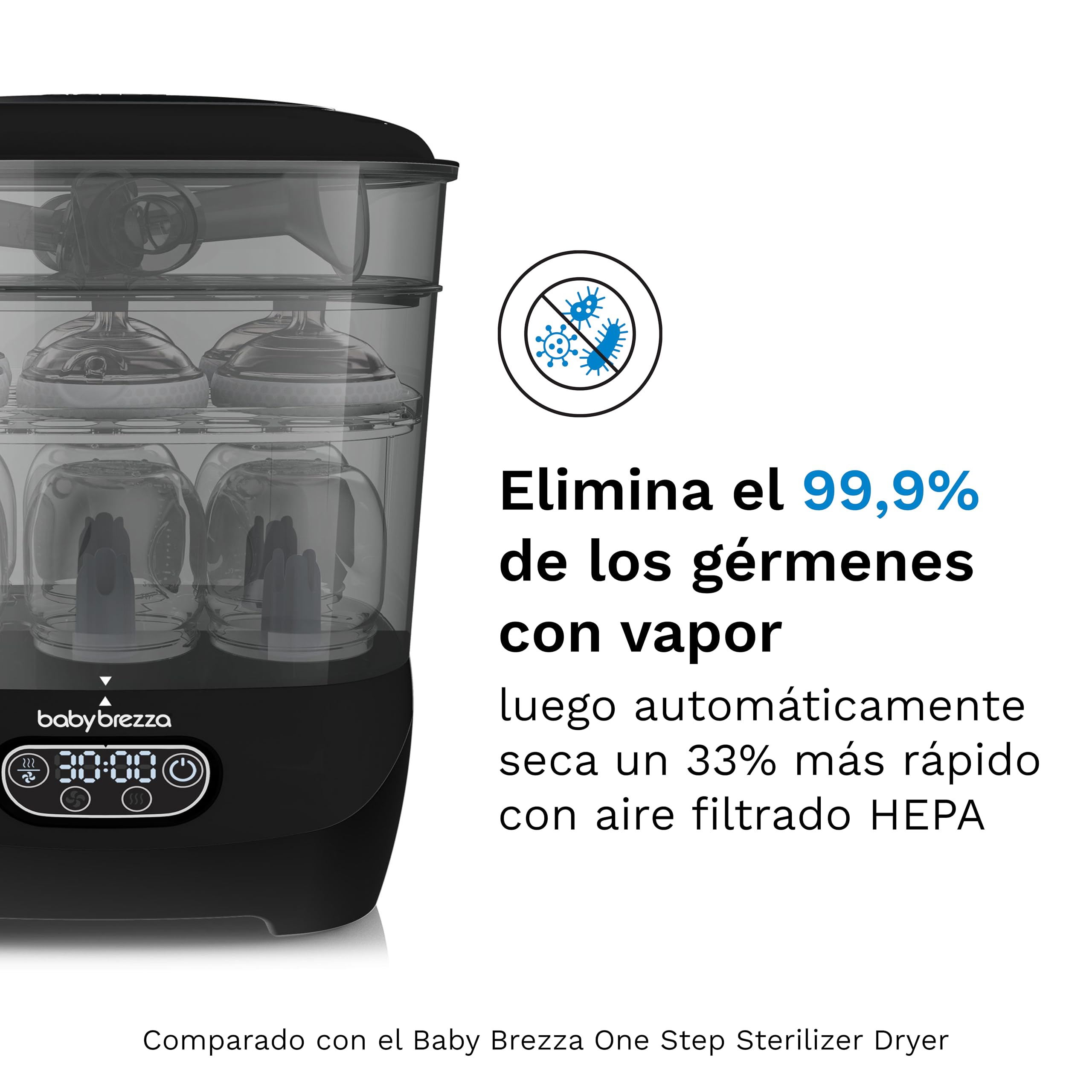 Baby Brezza Sterilizer Dryer Advanced - Esterilizador y Secador de Biberones - 33% Más Rápido - Esterilización con Vapor de Gran Capacidad - Para Biberones y Piezas de Extractor - Filtro HEPA