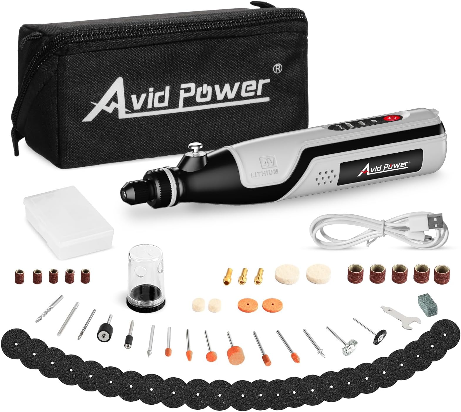 AVID POWER 4V Cordless Rotary Tool with 62 Pcs Rotary Accessories (with Bag & Charing Cable), Rechargeable Rotary Tool for Light-duty & Small Jobs, 3 Speeds and Safety Guard for Pet Nail Grooming
