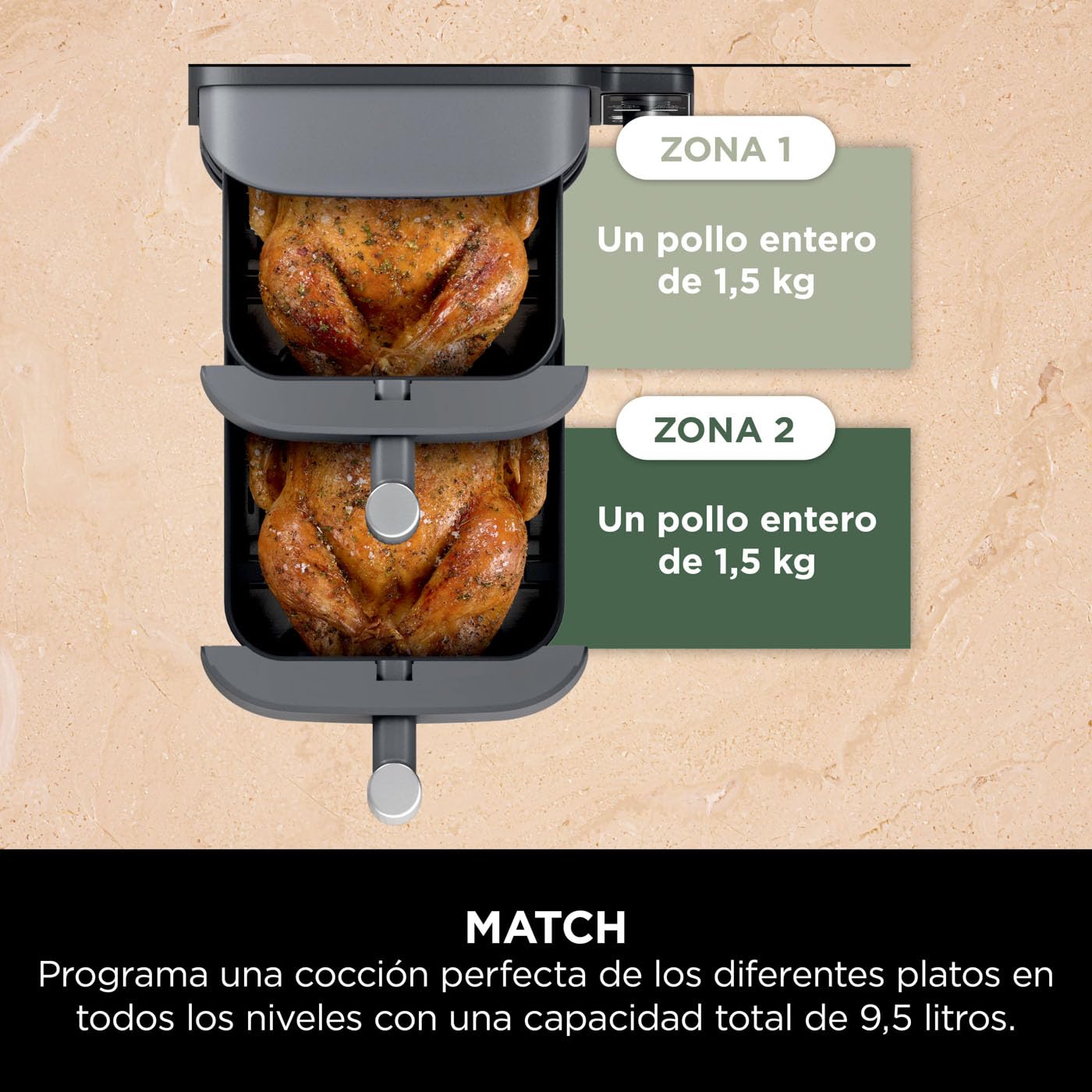 Ninja Double Stack XL Freidora de aire, 9,5 l, Doble cesta vertical, 4 niveles de cocción, 2 cestas y 2 rejillas, diseño para ahorrar más espacio, 6 funciones de cocción, 8 porciones, en gris, SL400EU