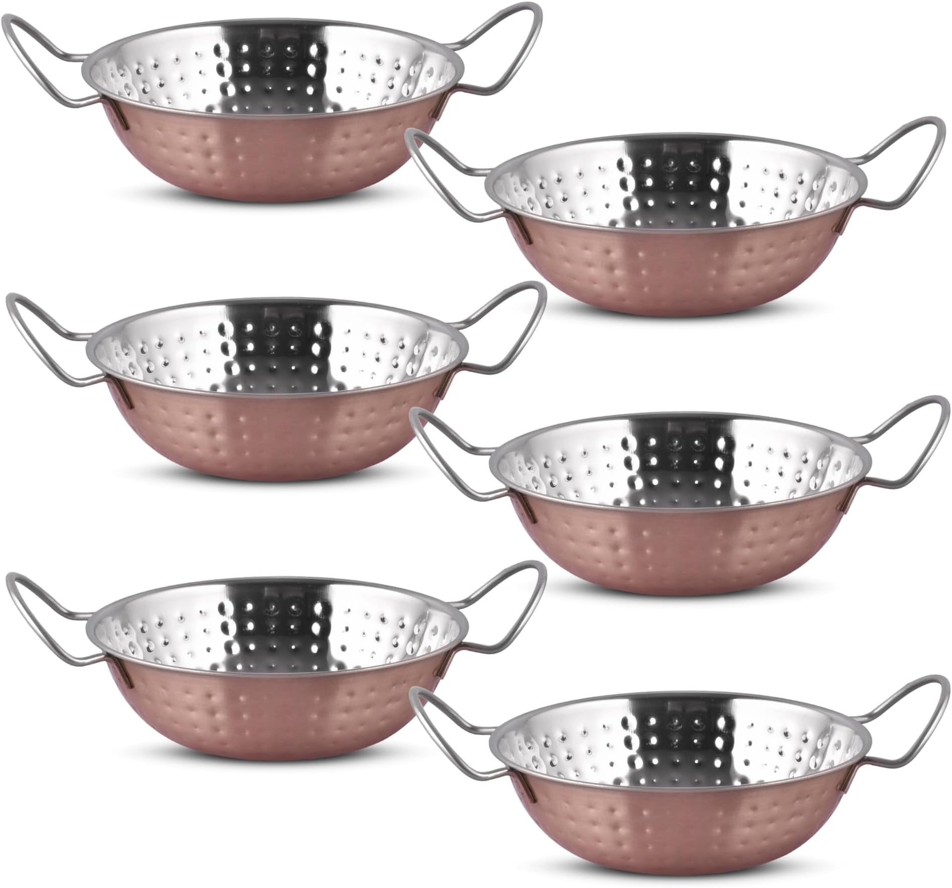 EVOKK Set of 6 Indian Copper Balti Dishes 20cm Traditional Curry Bowls with Handles Handcrafted Copper Pots for Indian Food & Restaurant Serving