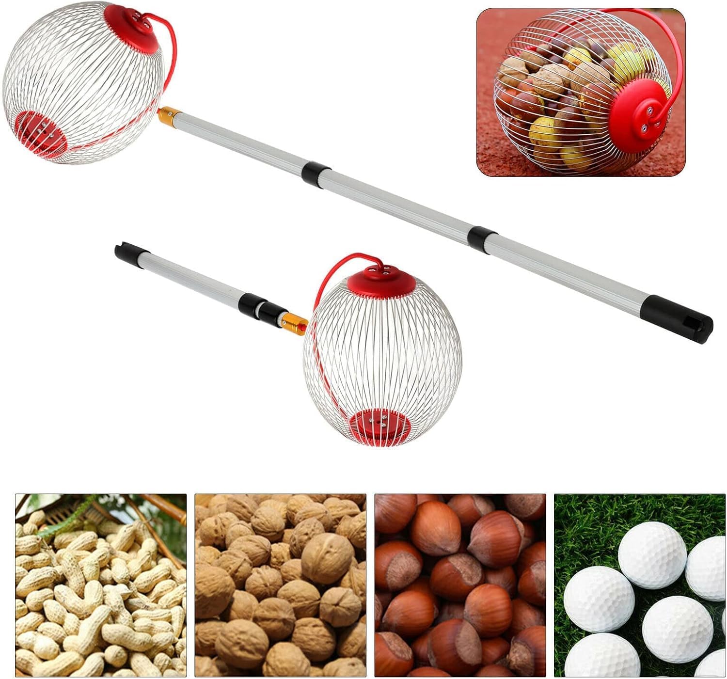 Teleskop Rollsammler für Nüsse & Obst – Verstellbar (48-127 cm), Leicht (627g) aus Aluminiumlegierung – Fallobstsammler, Nusssammler, Obstsammler mit Stahldraht-Kugel (23x19 cm), Rot