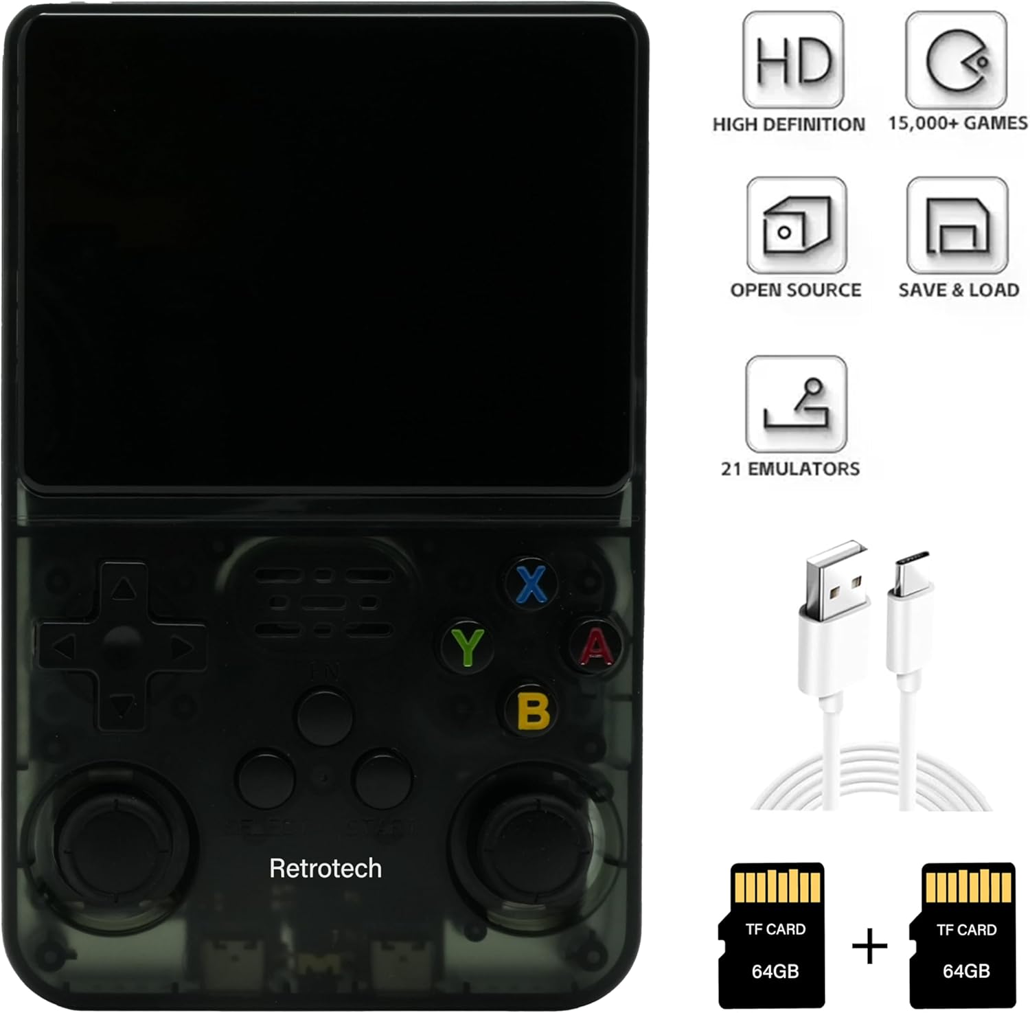 Retrotech R36S Handheld Video Game Console with Build-in 15000 Games (Black Transparent)