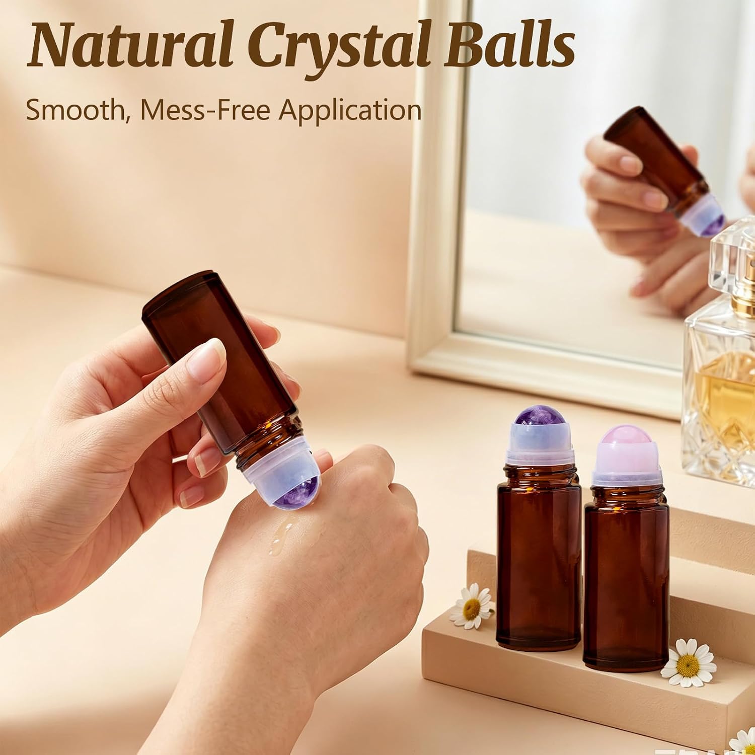 Runyangshi 2 Pack 1.7oz Amber Glass Quartz Roller Ball Bottles, Refillable Empty Roll on Applicator for Essential Oils & Perfume Containers (Amethyst & Rose Quartz Balls)