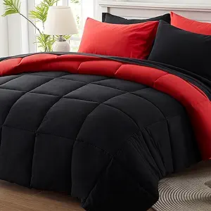 Anluoer King Size Comforter Set 7 Pieces, Reversible Bed in a Bag King Size,Lightweight Bedding Set with 1 Comforter(102*90") , 2 Pillow Shams, 2 Pillowcases, 1 Flat Sheet , 1 Fitted Sheet,Red & Black