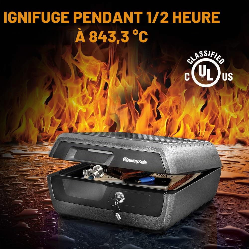Sentry Safe Coffre-Fort Ignifuge et étanche avec Serrure à clé, Coffre-Fort pour Objets de Valeur, Gris et Noir, 0,36 m³, 20 x 40 x 38 cm