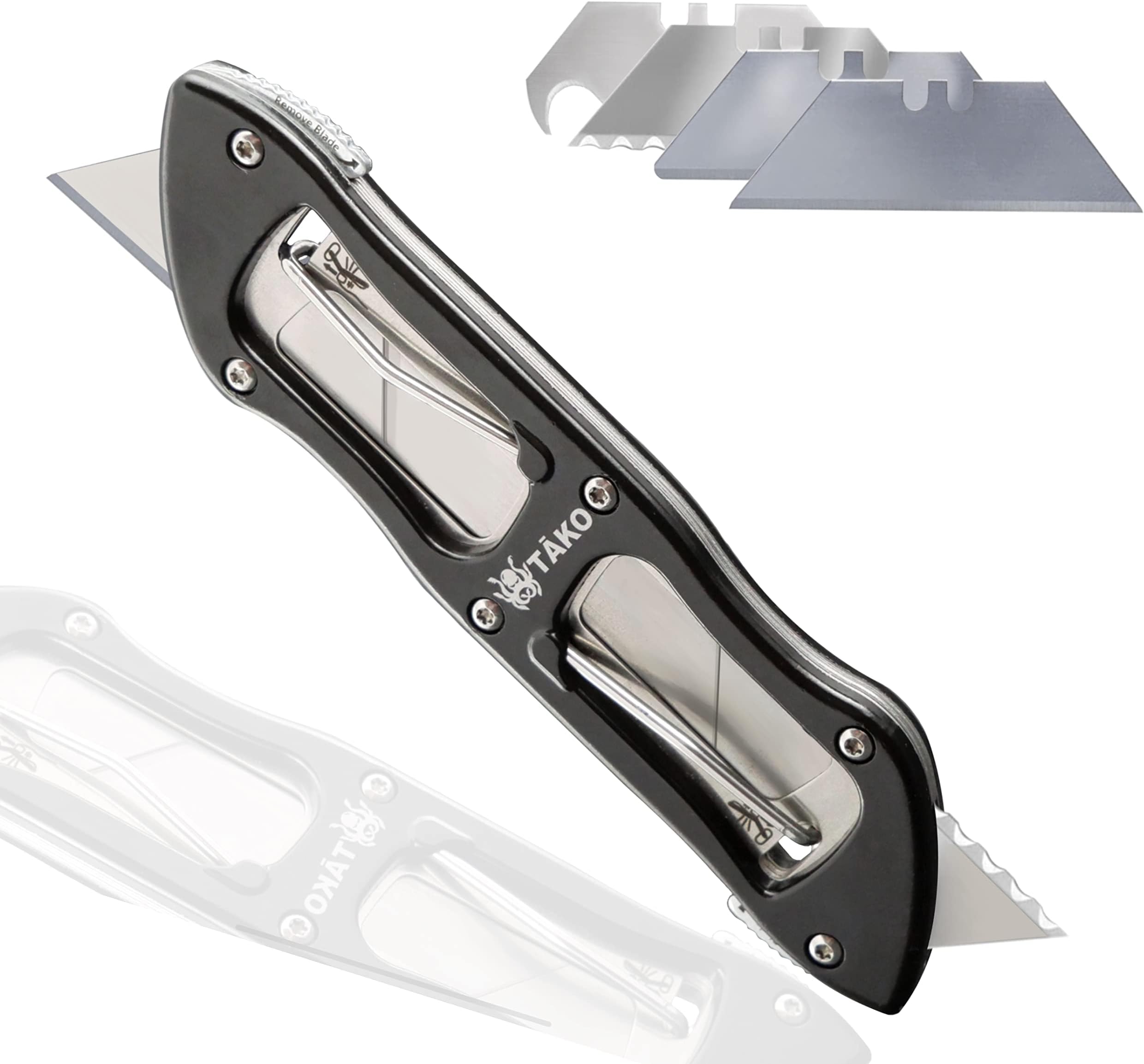 TĀKO X4- Retractable Utility Knife, Instant Access to 3 Extra Blades, Box Cutter, Quick Change, Lightweight, Pocket Knife