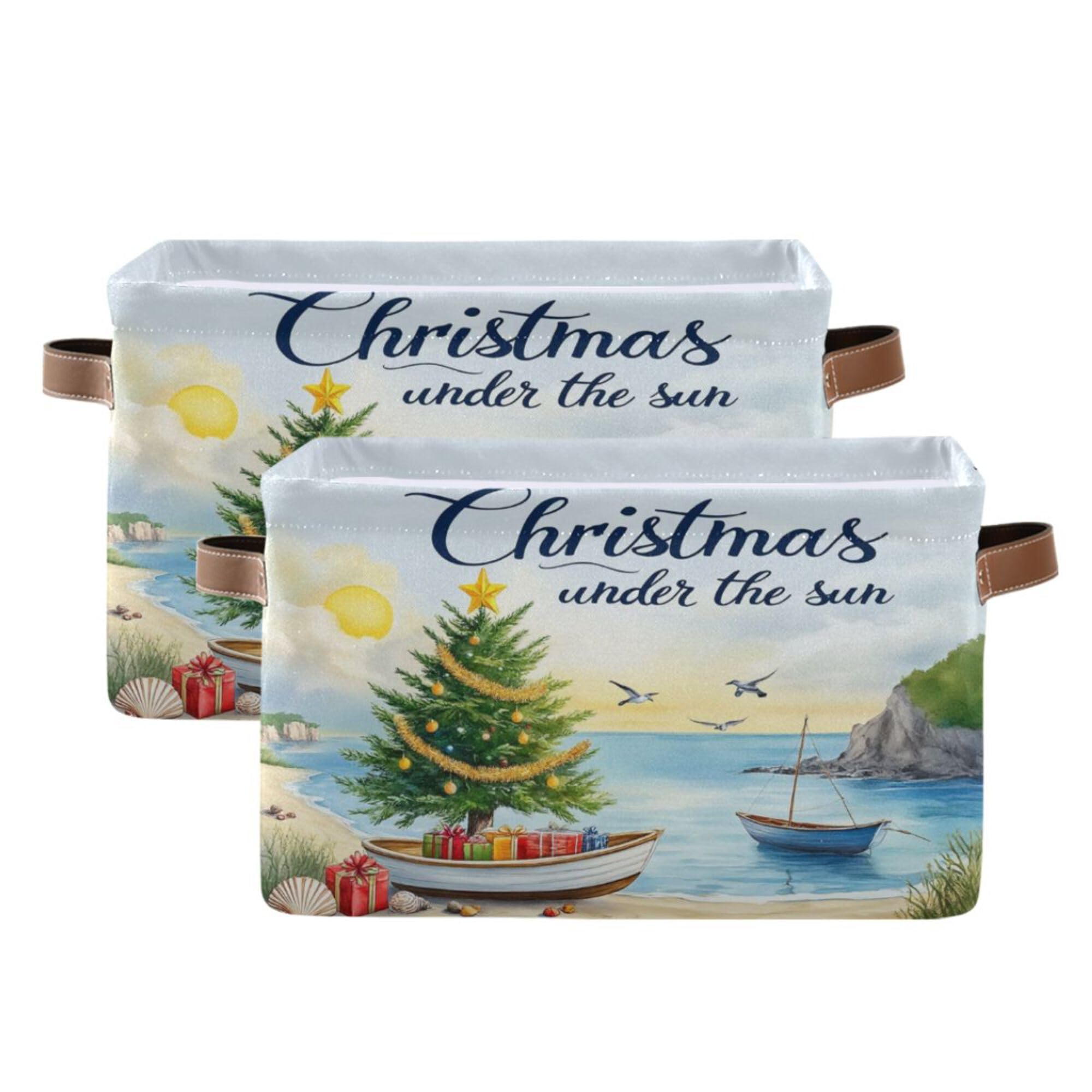 Christmas Beach Time Storage Basket with Waterproof Liner and PU Handles Xmas Tree Summer Theme Storage Bins Boxes 14.2" Collapsible Decorative Organizer Baskets for Bedroom Closet Office 2 Pack