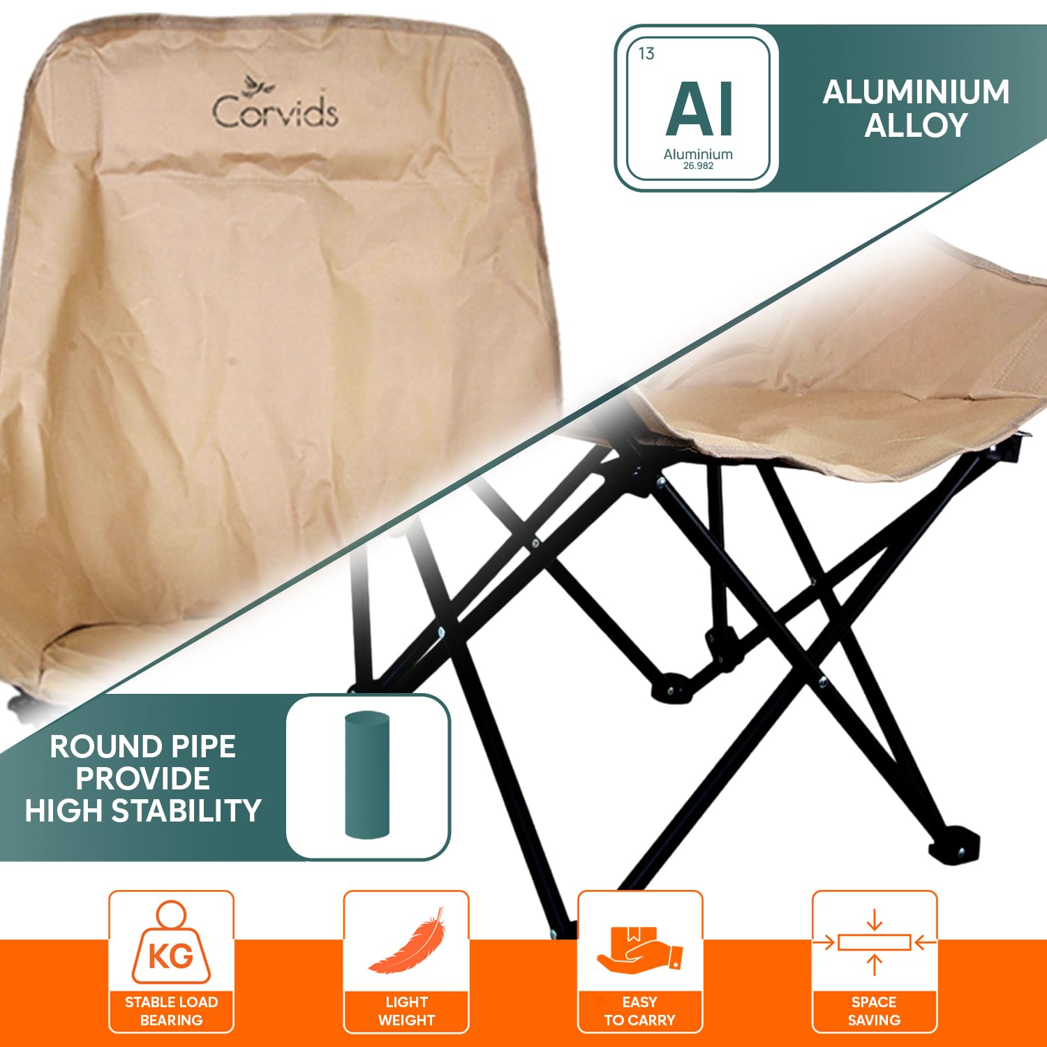 Corvids Rubber Wood Foldable Camping Chair with Oxford Fabric | Comfortable & Lightweight Chair for Hiking, Picnic, Garden & Outdoor Use (Khaki, Large) - Image 3 thumbnail