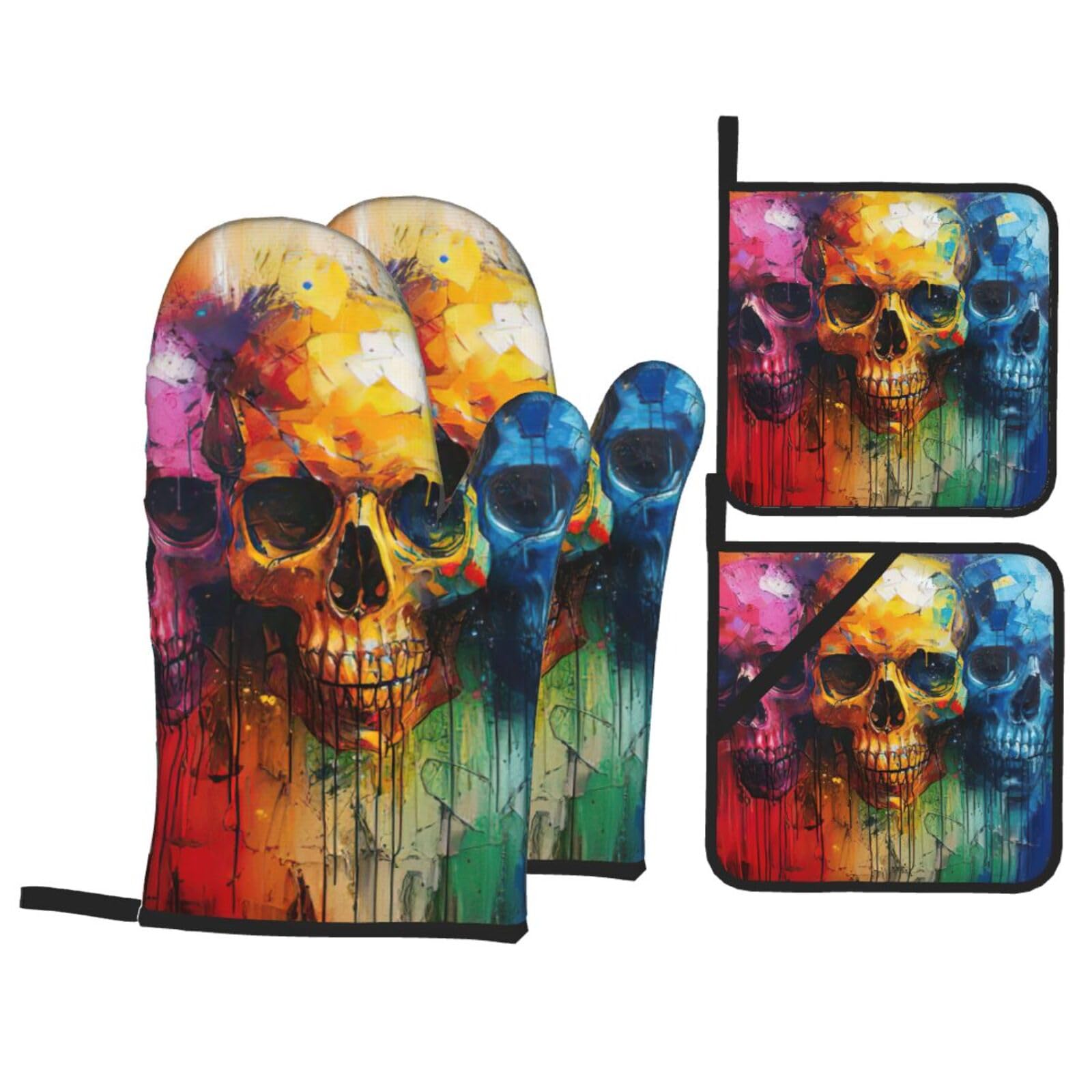 color skulls Print 4-Piece Oven Microwaving Set Waterproof Kitchen Gloves for Baking Grilling Cooking