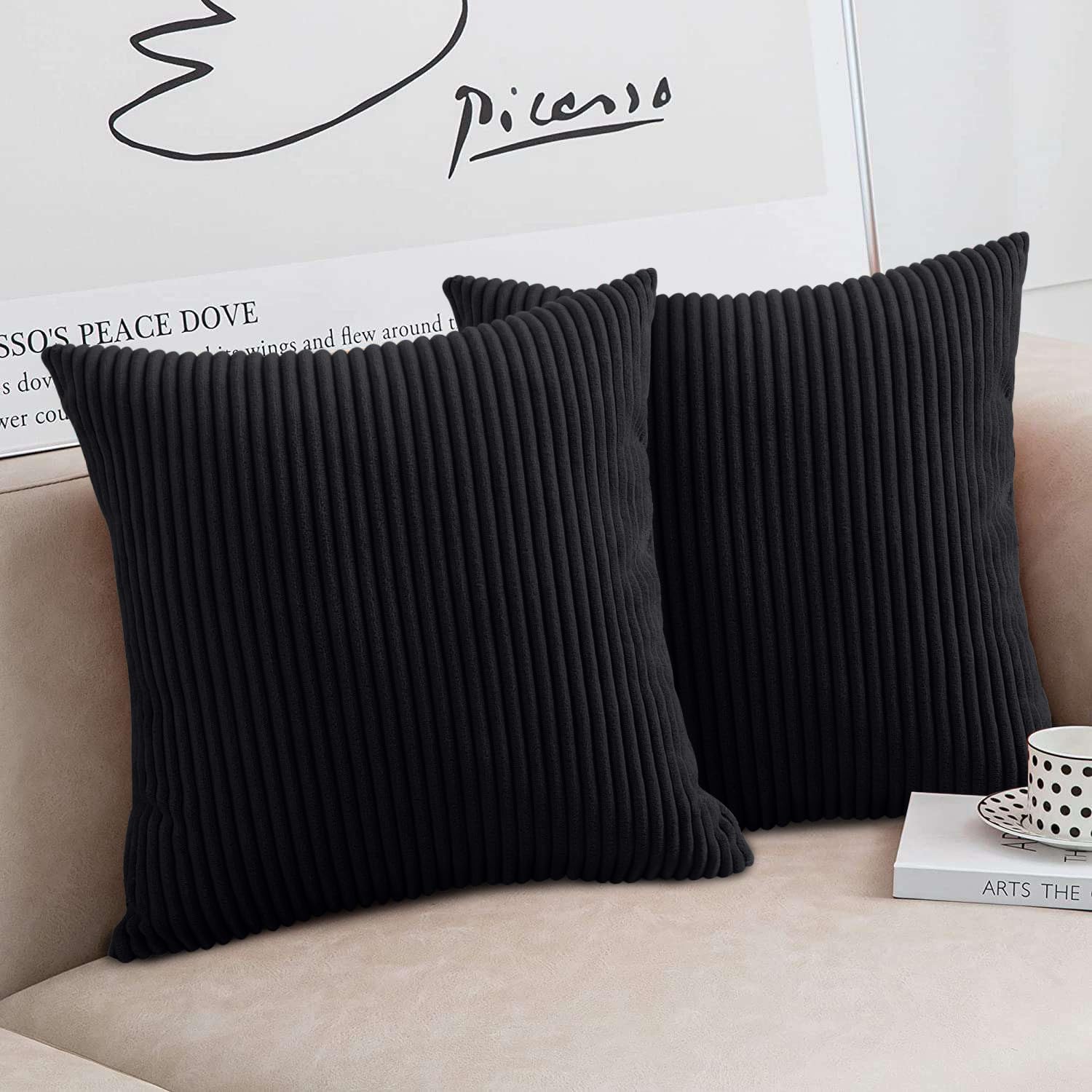 Moonlight Bedding Black Corduroy Cushions With Covers Included Pack Of 2 (2 Covers, 2 Inserts) 45 X 45 Cm Decorative Stripe Throw Pillow Cases With Invisible Zipper For Living Room Bed Sofa