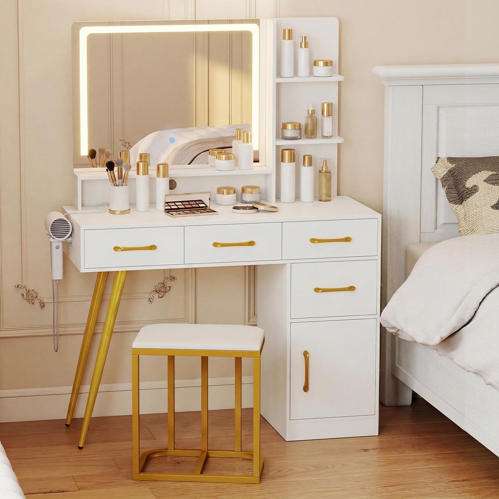 COSTWAY Dressing Table with LED Mirror and Stool, Makeup Table Vanity Desk Set with Power Outlets, 3 Lighting Modes, Storage Shelves, 4 Drawers, Side Cabinet & Hairdryer Rack for Bedroom, White+Gold