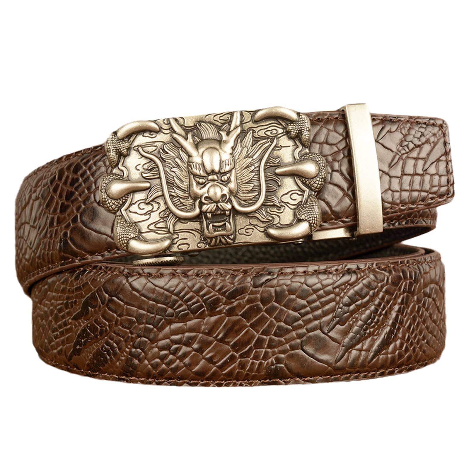 Pywjgzsx Men's Brown Belt, Crocodile Leather Belt, Automatic Buckle Belt, Tap Cowhide Personalised Carved Belt, Casual Trouser Belt/Brown/125Cm/Waist:43"