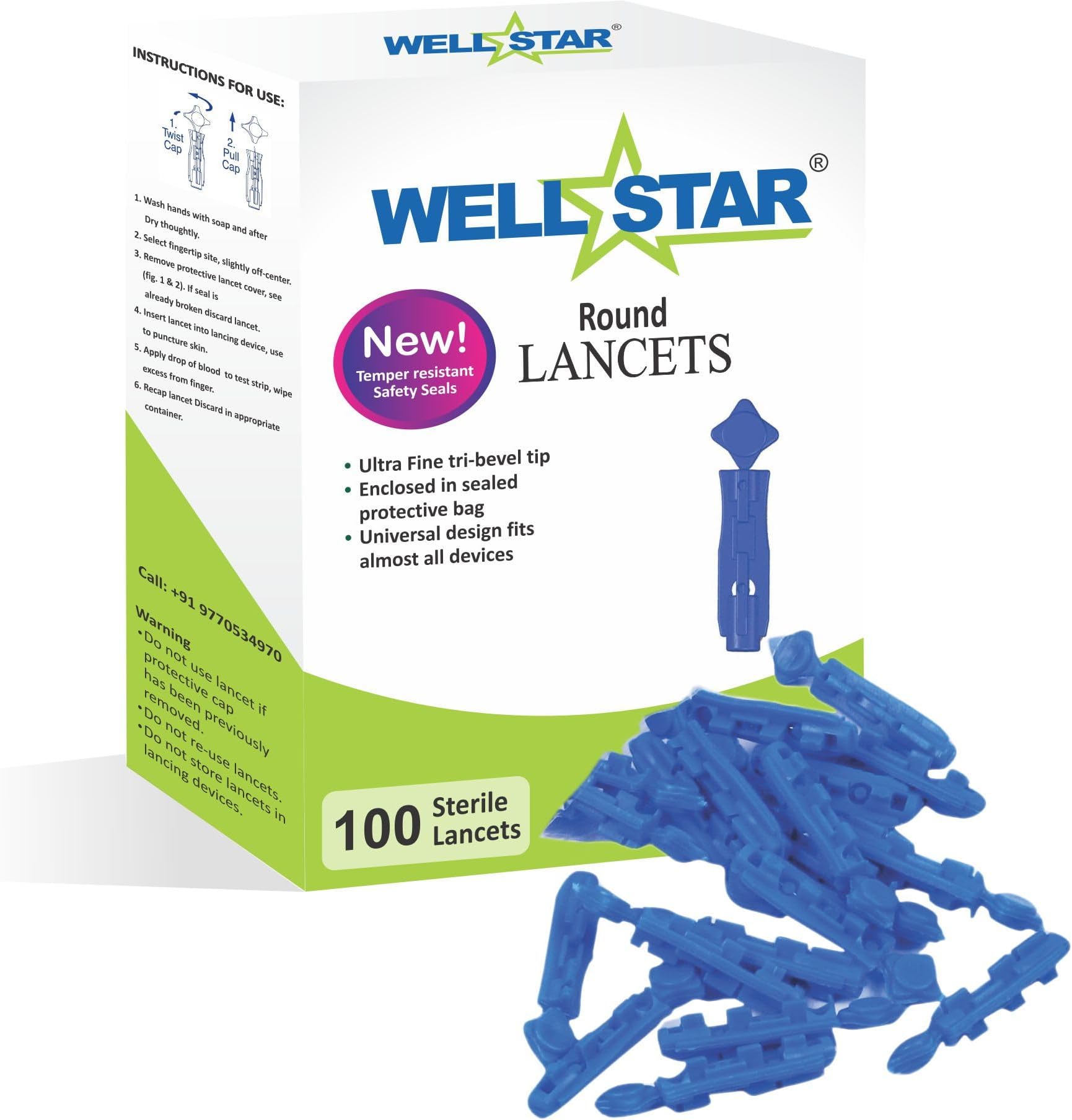 Wellstar 100 Round Lancets with DR.MOREPEN BG03 50 Test