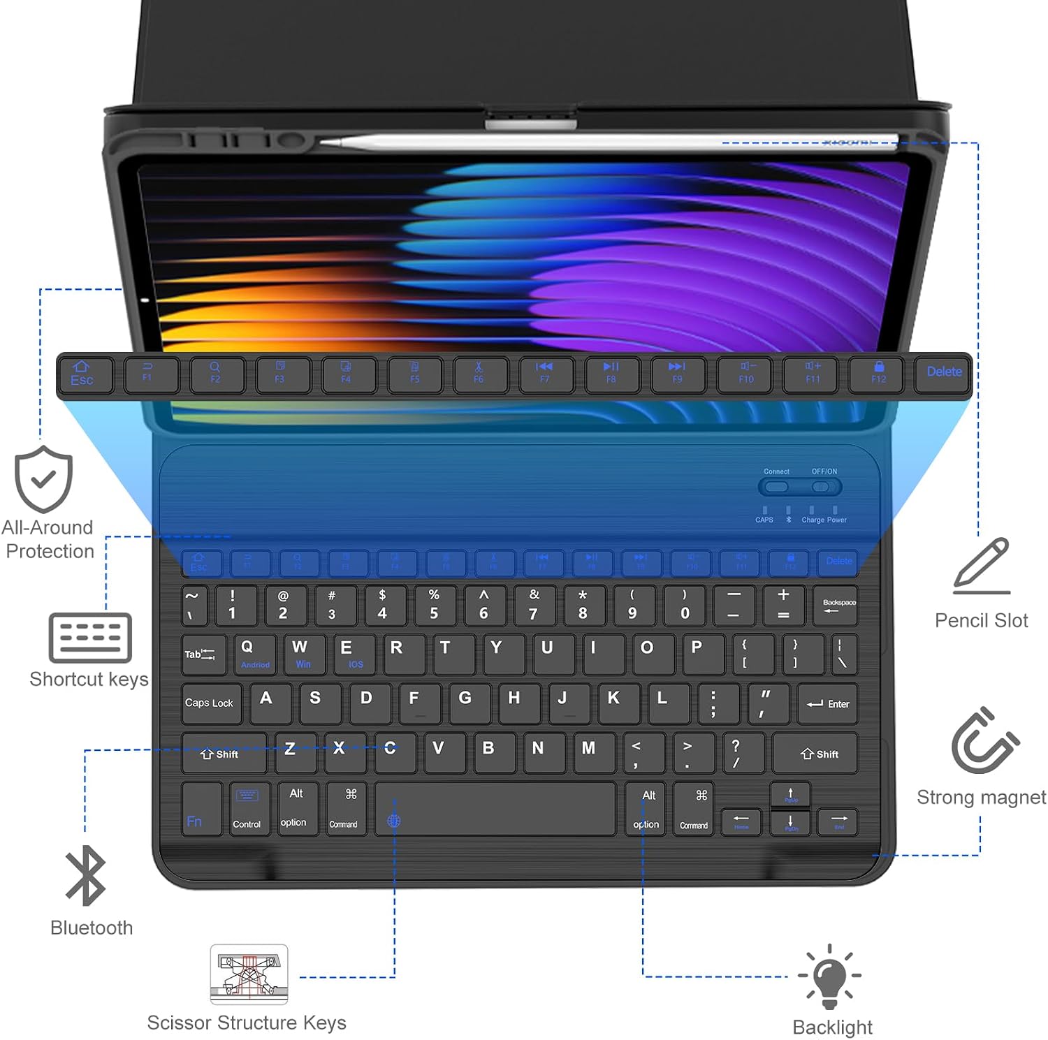 Keyboard Case for Xiaomi Pad 7/ Pad 7 Pro 11.2 Inch, 7 Color Backlit, Magnetic Detachable Wireless Bluetooth Keyboard, Multi-Touch Trackpad, Stain Resistant Cover, Rechargeable (Black 032NonBacklit)