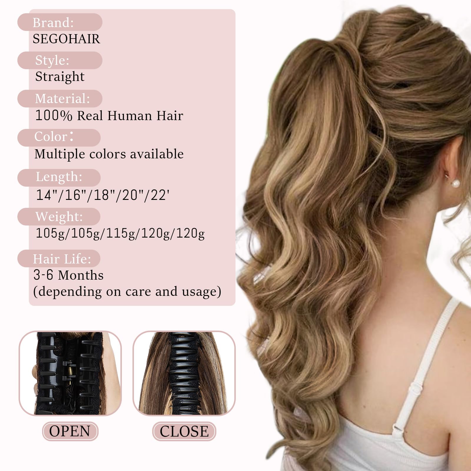 SEGOHAIR Claw Clip Ponytail Hair Extensions Human Hair - Image 4