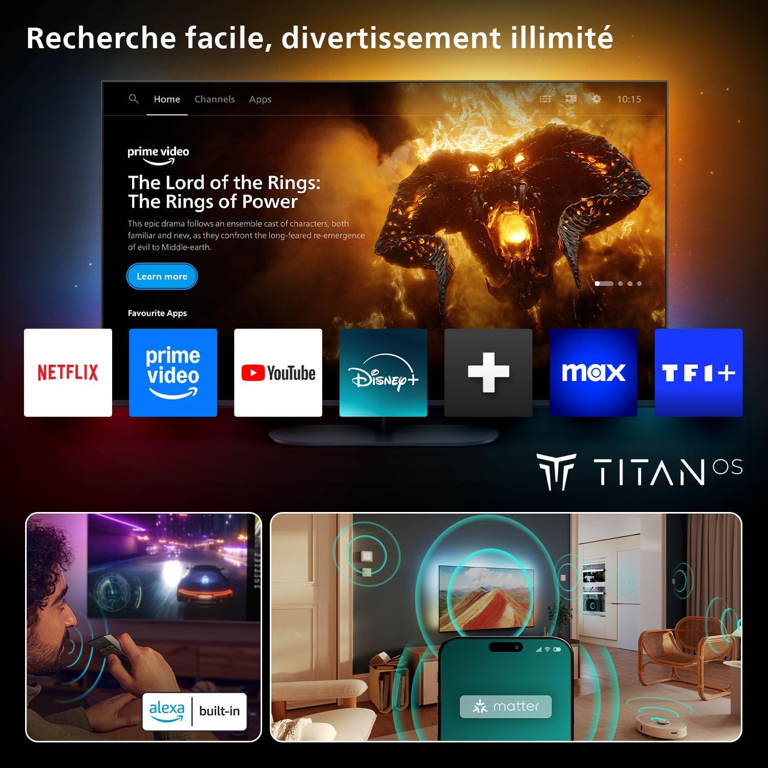 Screenshot of the Titan OS smart TV interface showing various streaming app icons like Netflix, Prime Video, YouTube, Disney+, and a home screen with content recommendations.