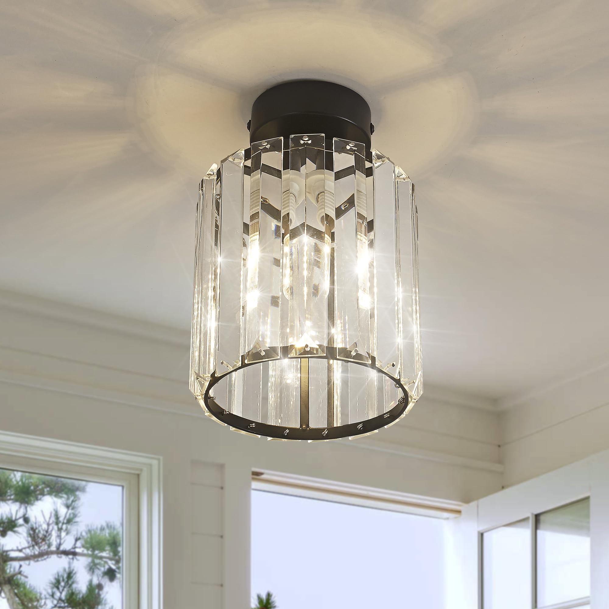 Crystal Ceiling Light Modern semi-Flush Mounted Ceiling Light Fixture Black K9 Crystal Chandelier E27 for Hallway Entrance Hall Bathroom Kitchen Dining Room Living Room