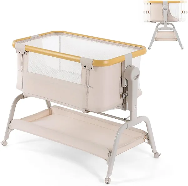 Familypoint 3-in-1 Baby Bassinet Bedside Sleeper with Memory Foam Mattress, Adjustable Rocking Crib, Breathable Mesh & Wheels, Spine Protection, CPSC Certified for Newborns & Infants