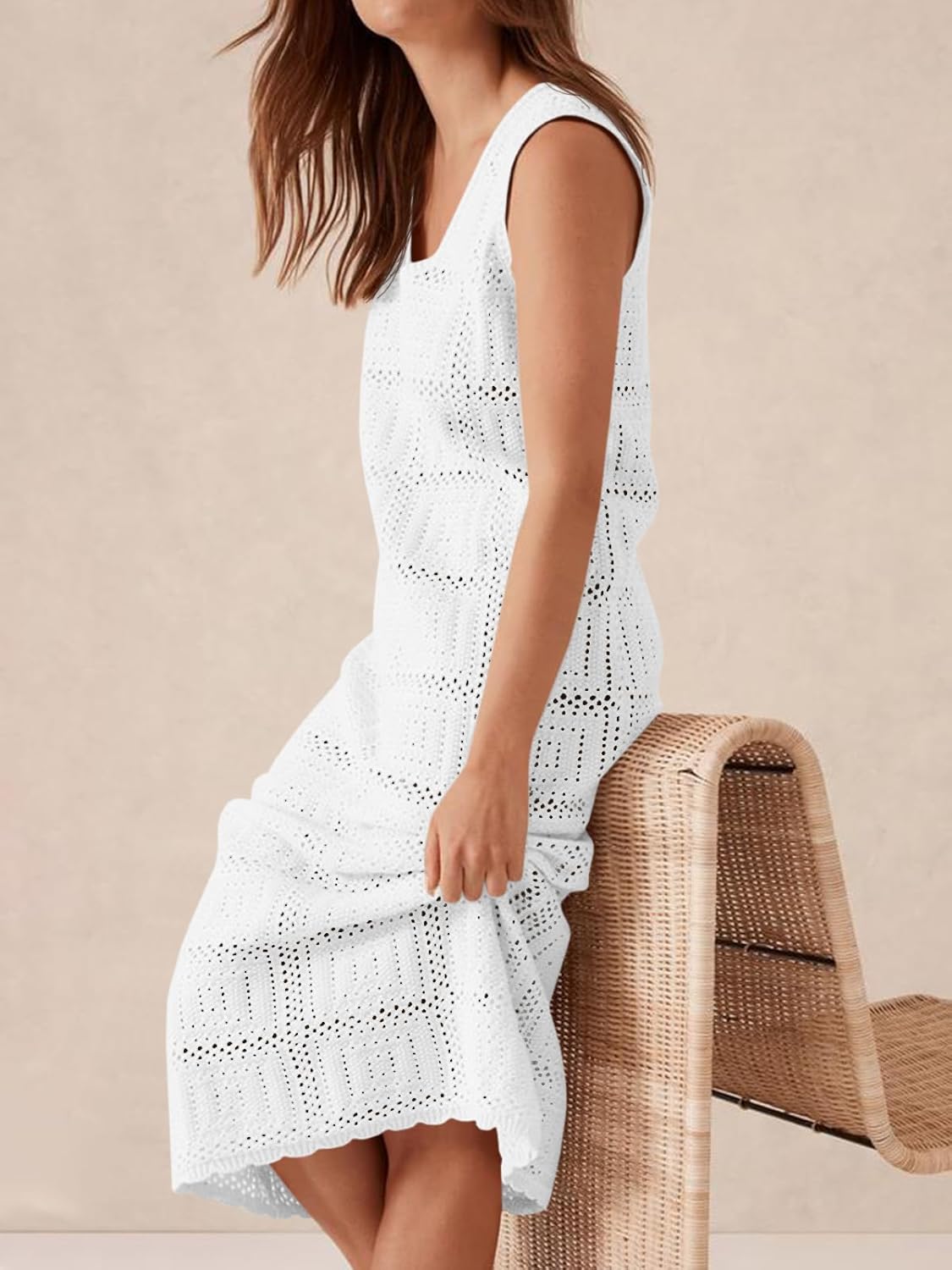 Fisoew Womens Crochet Sleeveless Dress Casual Summer V Neck Boho Knit Cover Up Beach Vacation Midi Tank Dresses - Image 4