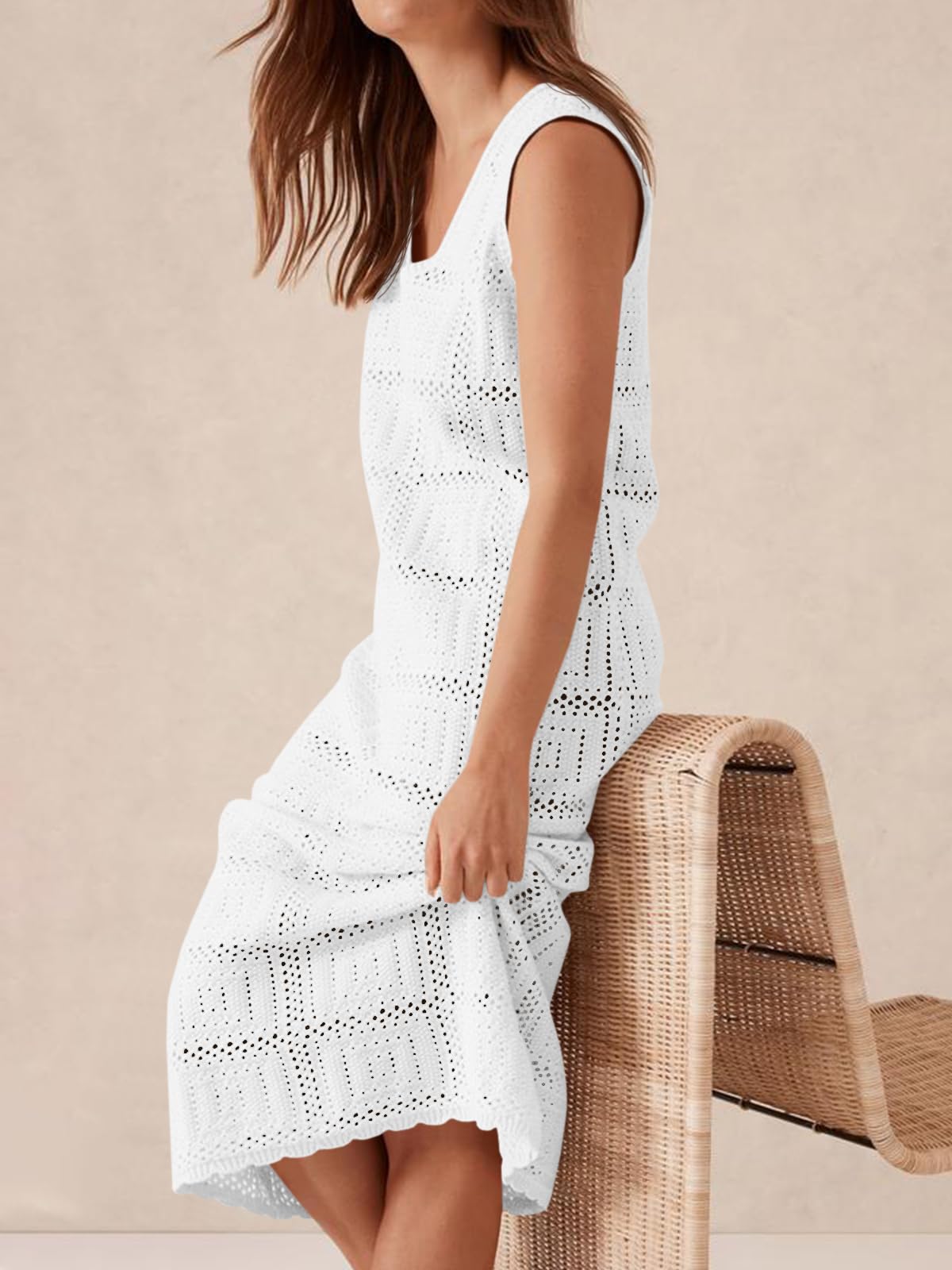 Fisoew Vestido de ganchillo sin mangas para mujer, casual, cuello en V, bohemio, de punto, para playa, vacaciones, por debajo de la rodilla