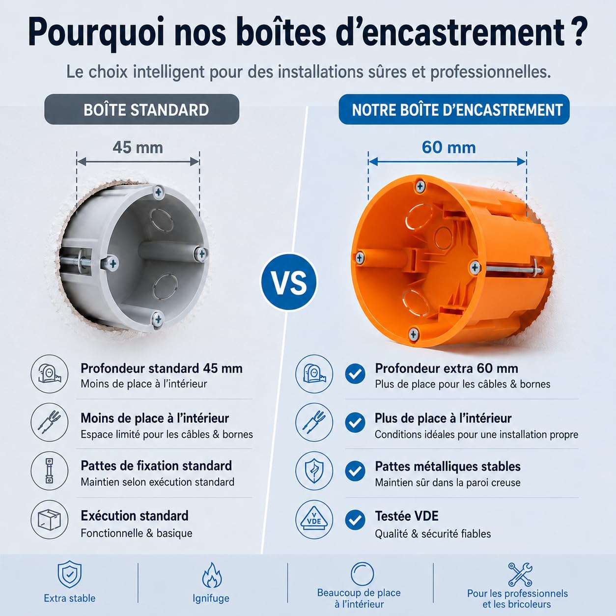 Lot de 25 boîtes encastrées pour cloison sèche et placoplâtre - 68 mm de diamètre - 60 mm de profondeur - Pour cloison sèche et placoplâtre - Boîtes encastrées pour interrupteurs et
