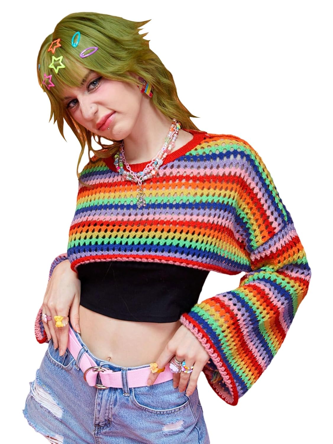 WDIRARA Womens Y2k Crochet Crop Top Hollow Out Sweater Pullover Long Sleeve Knit Rainbow Casual Streetwear
